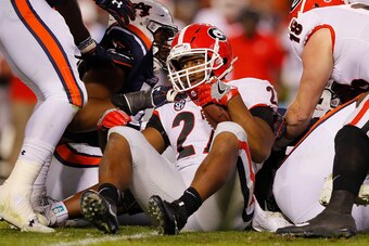 AUBURN, AL - NOVEMBER 11:  Nick Chubb #27 of the Georgia Bulldogs reacts after being tackled by the Auburn Tigers defense at Jordan Hare Stadium on November 11, 2017 in Auburn, Alabama.  (Photo by Kevin C. Cox/Getty Images)