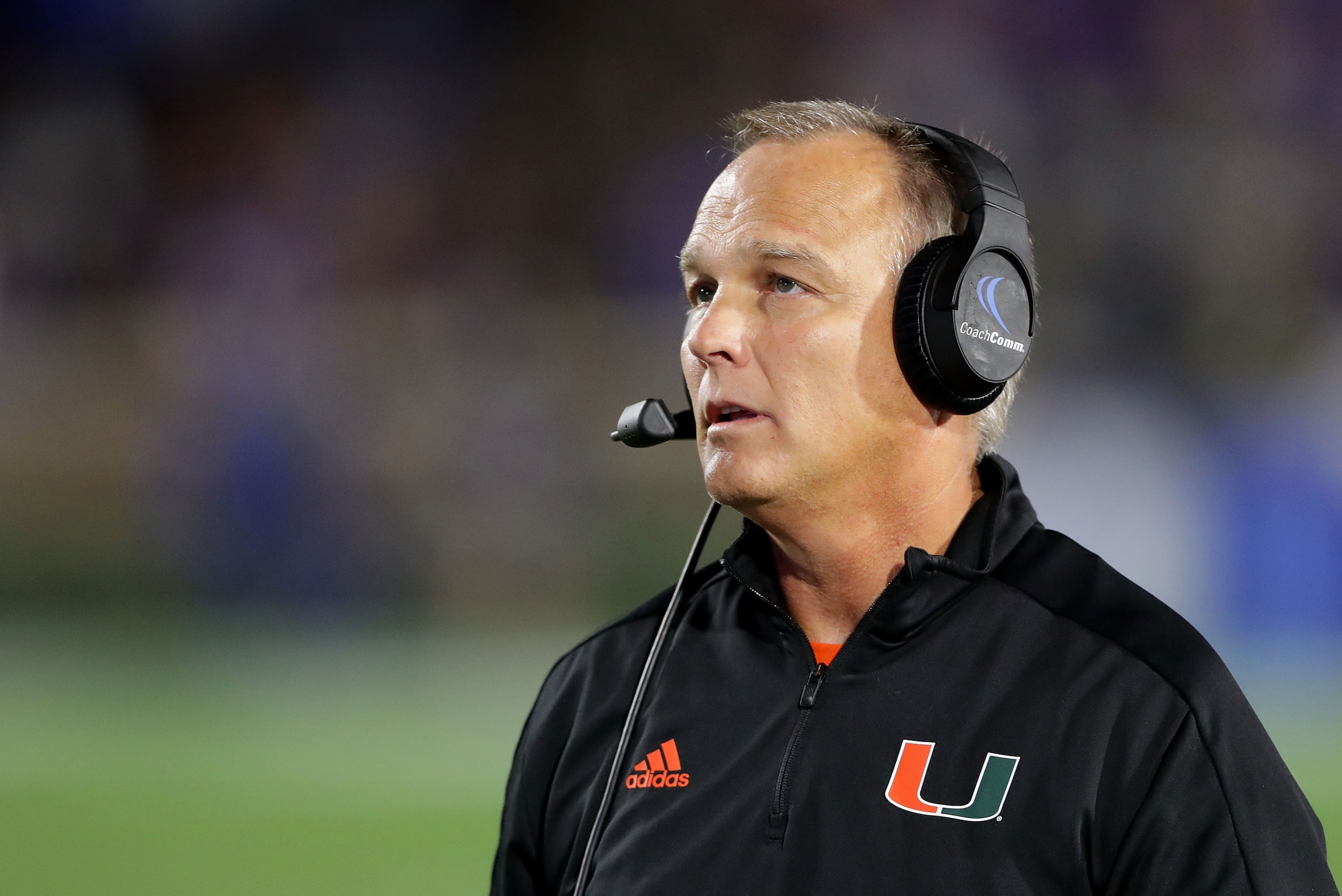 DURHAM, NC - SEPTEMBER 29:  Head coach Mark Richt of the Miami Hurricanes watches on against the Duke Blue Devils during their game at Wallace Wade Stadium on September 29, 2017 in Durham, North Carolina.  (Photo by Streeter Lecka/Getty Images)