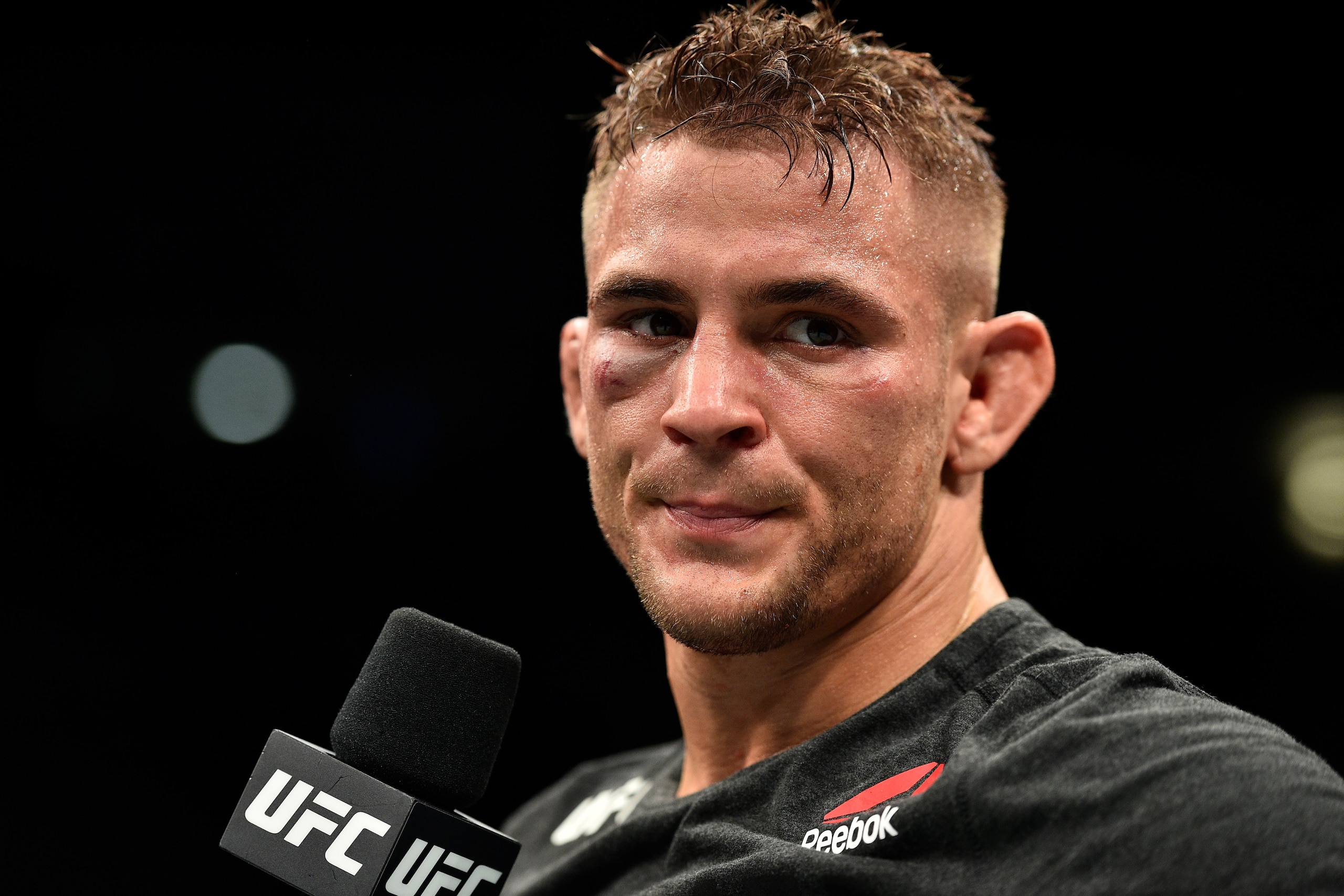 NORFOLK, VA - NOVEMBER 11:  Dustin Poirier celebrates after defeating Anthony Pettis by TKO in their lightweight bout during the UFC Fight Night event inside the Ted Constant Convention Center on November 11, 2017 in Norfolk, Virginia. (Photo by Brandon M