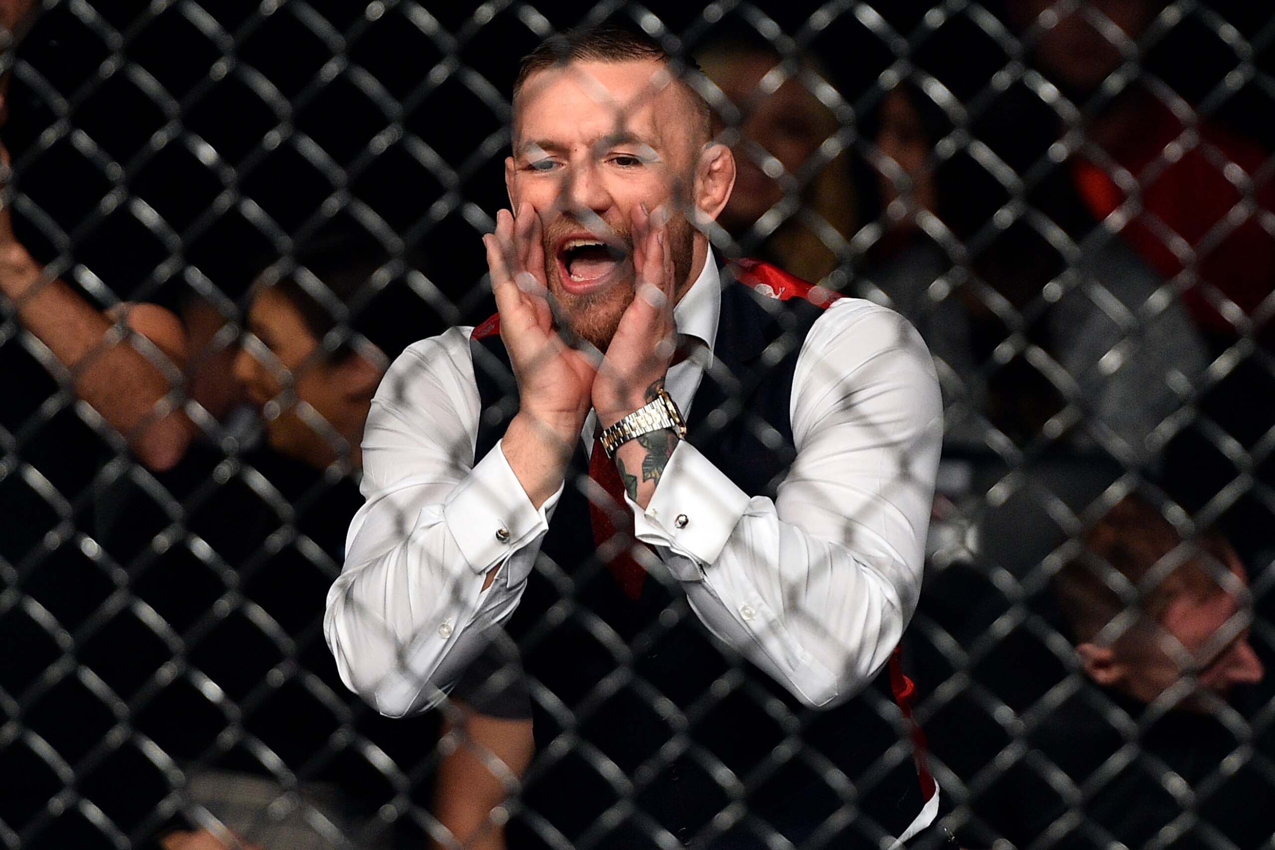 GDANSK, POLAND - OCTOBER 21:  UFC lightweight champion Conor McGregor cheers on teammate Artem Lobov in his featherweight bout against Andre Fili during the UFC Fight Night event inside Ergo Arena on October 21, 2017 in Gdansk, Poland. (Photo by Jeff Bott