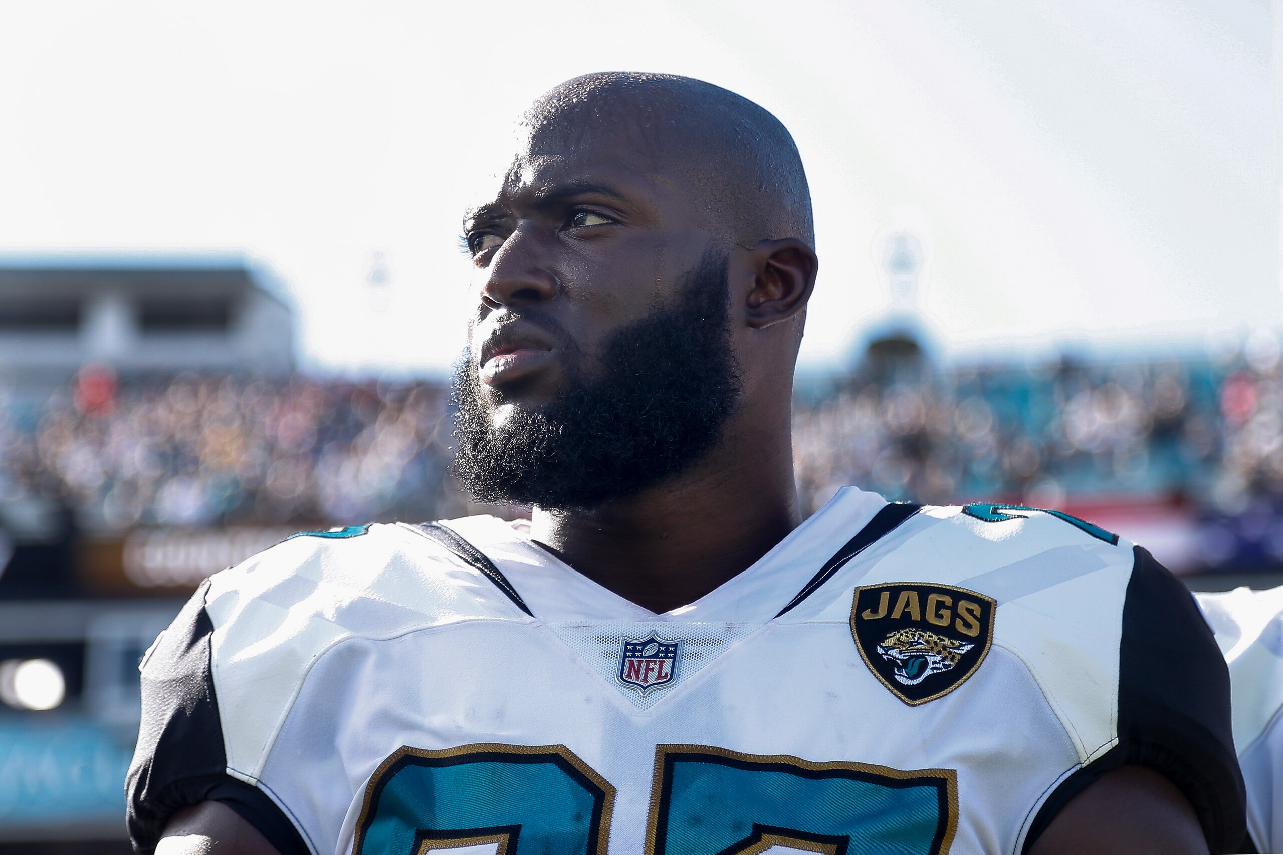 JACKSONVILLE, FL - OCTOBER 15: Running back Leonard Fournette #27 of the Jacksonville Jaguars during the National Anthem before the start of the game against the Los Angeles Rams at EverBank Field on October 15, 2017 in Jacksonville, Florida. The Rams def