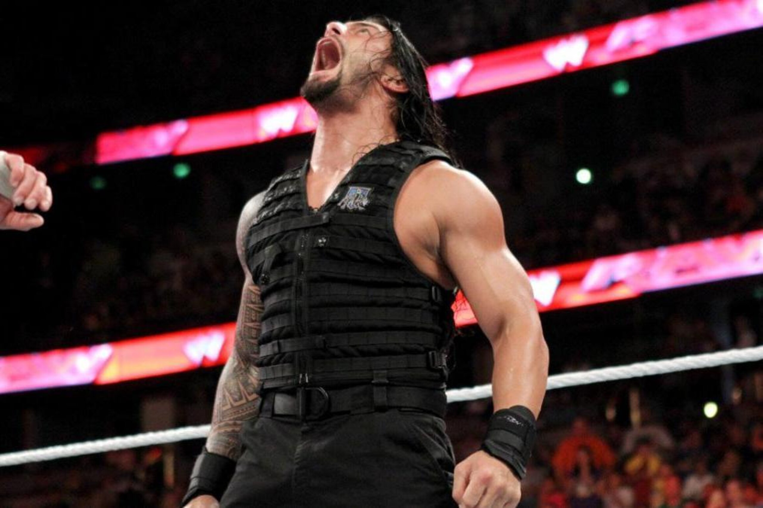 Roman Reigns with his trademark roar.
