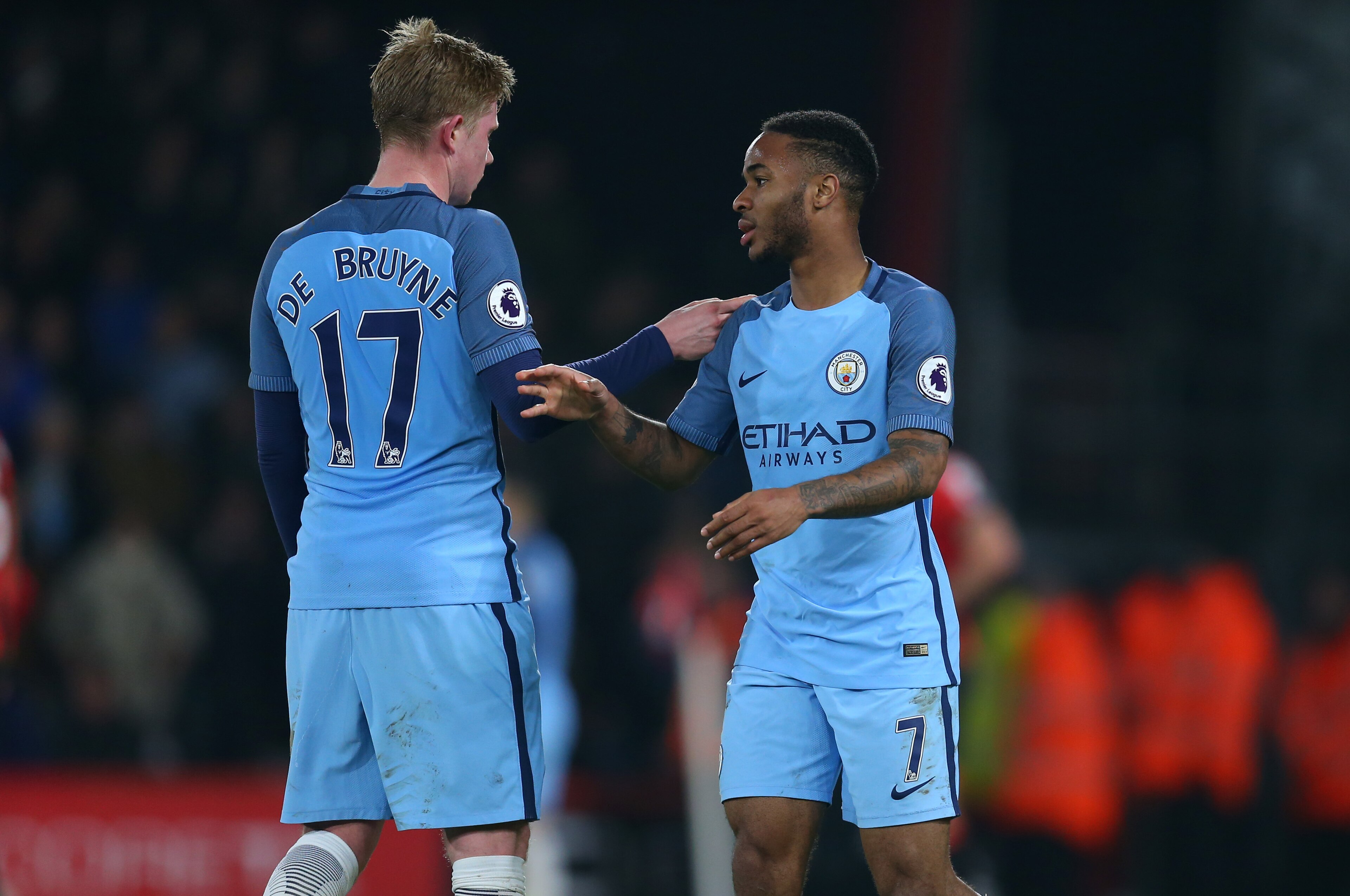 BOURNEMOUTH, ENGLAND - FEBRUARY 13: Kevin De Bruyne of Manchester City and Raheem Sterling of Manchester City during the Premier League match between AFC Bournemouth and Manchester City at Vitality Stadium on February 13, 2017 in Bournemouth, England. (Ph