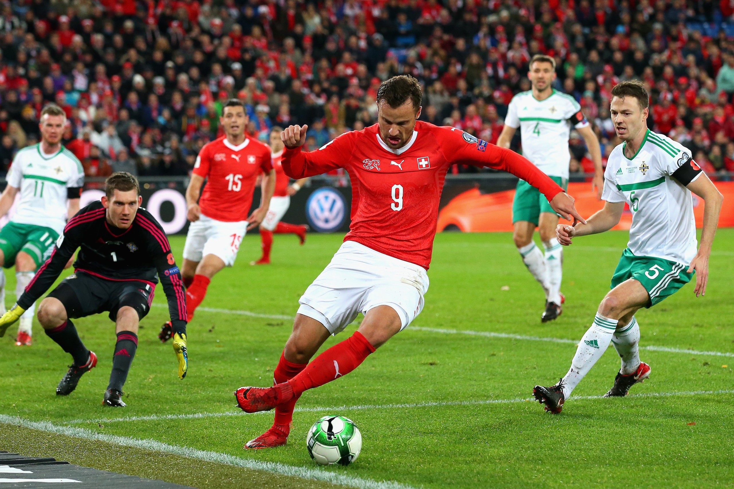 BASEL, SWITZERLAND - NOVEMBER 12: Haris Seferovic of Switzerland in action during the FIFA 2018 World Cup Qualifier Play-Off: Second Leg between Switzerland and Northern Ireland at St. Jakob-Park on November 12, 2017 in Basel, Basel-Stadt.  (Photo by Alex