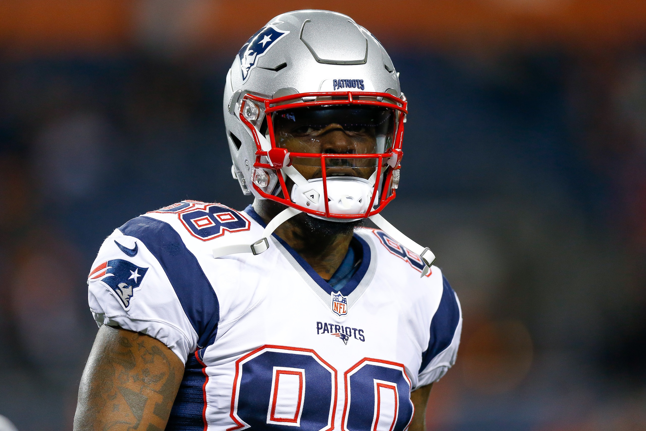 DENVER, CO - NOVEMBER 12:  Tight end Martellus Bennett #88 of the New England Patriots warms up before a game against the Denver Broncos at Sports Authority Field at Mile High on November 12, 2017 in Denver, Colorado. (Photo by Justin Edmonds/Getty Images