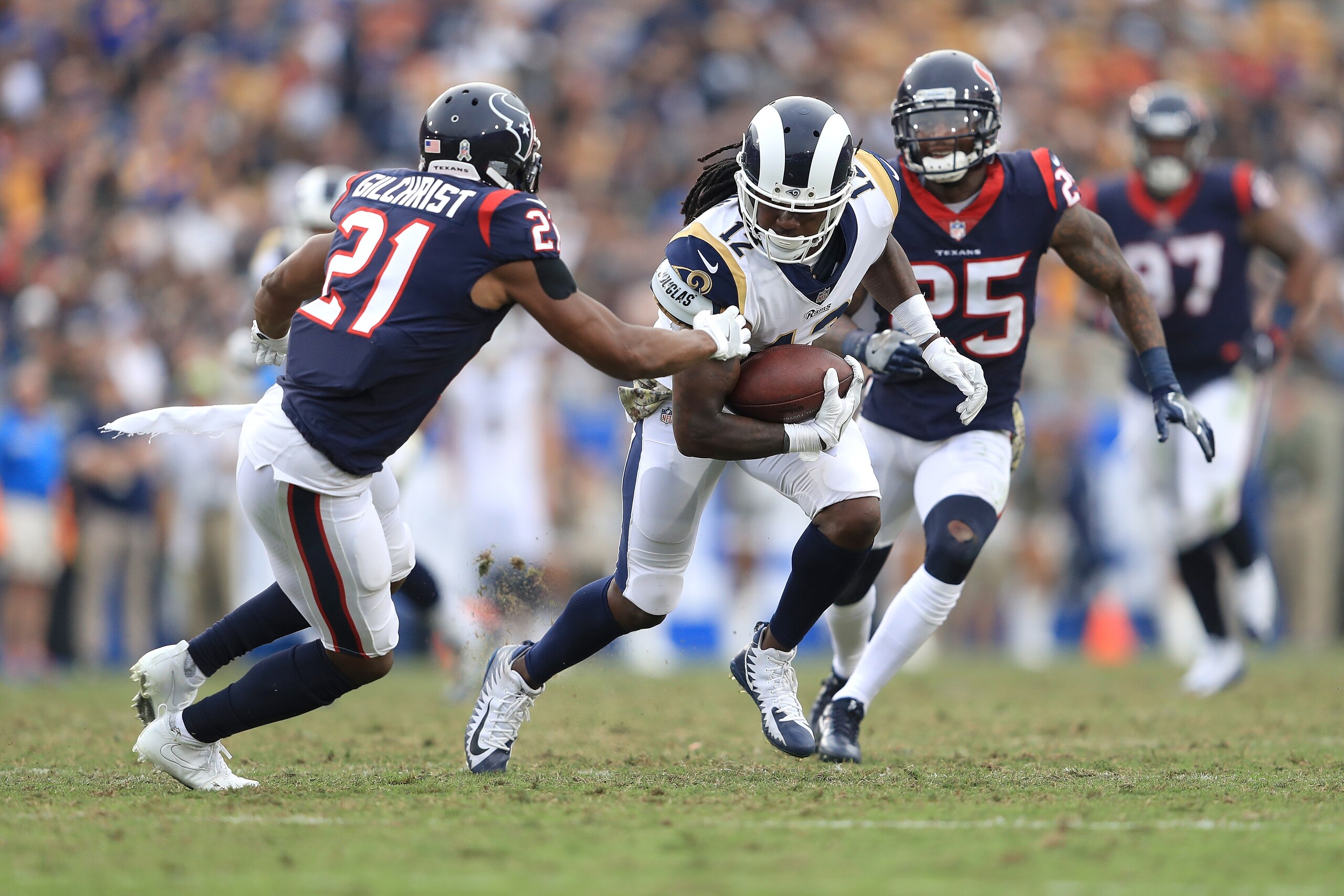 LOS ANGELES, CA - NOVEMBER 12:  Sammy Watkins #12 of the Los Angeles Rams scores a touchdown in the third quarter during the game against the Houston Texans at the Los Angeles Memorial Coliseum on November 12, 2017 in Los Angeles, California.  (Photo by S