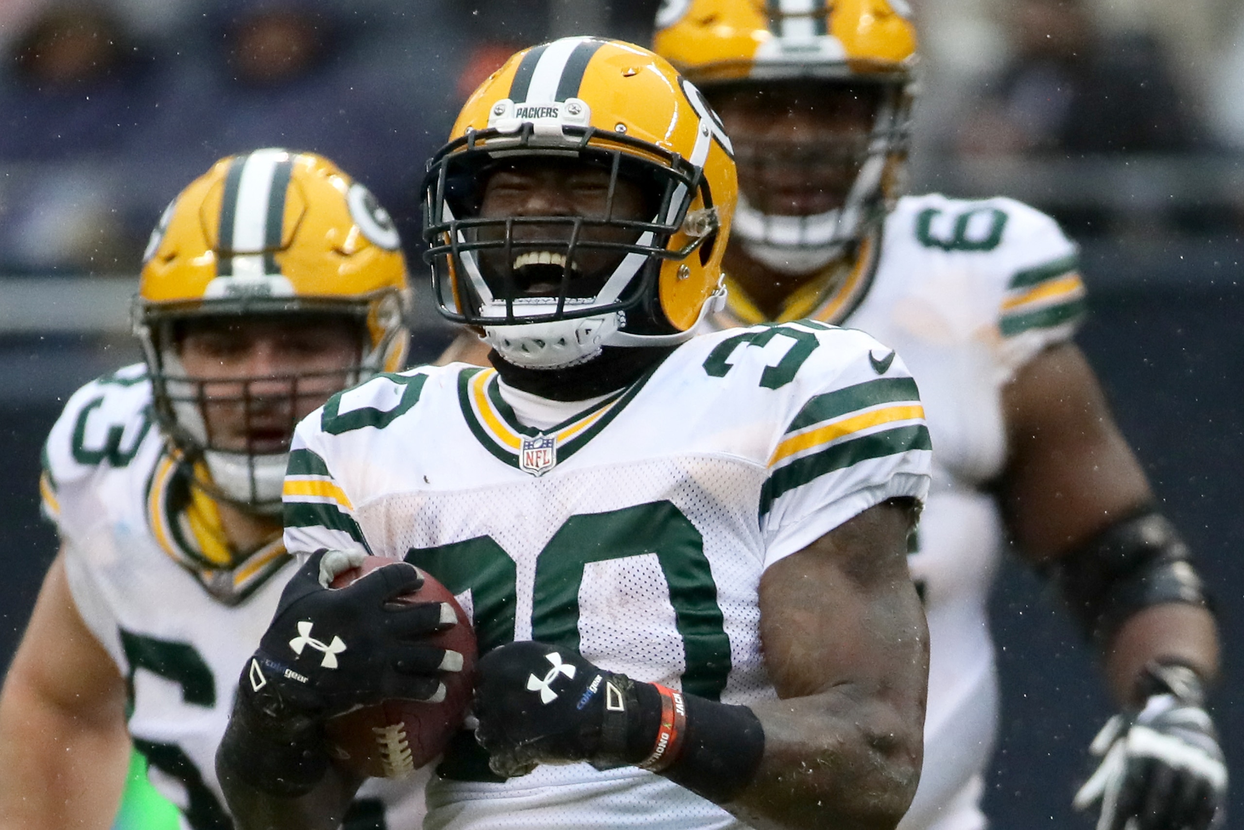 CHICAGO, IL - NOVEMBER 12:   Jamaal Williams #30 of the Green Bay Packers reacts in the third quarter against the Chicago Bears at Soldier Field on November 12, 2017 in Chicago, Illinois.  (Photo by Jonathan Daniel/Getty Images)