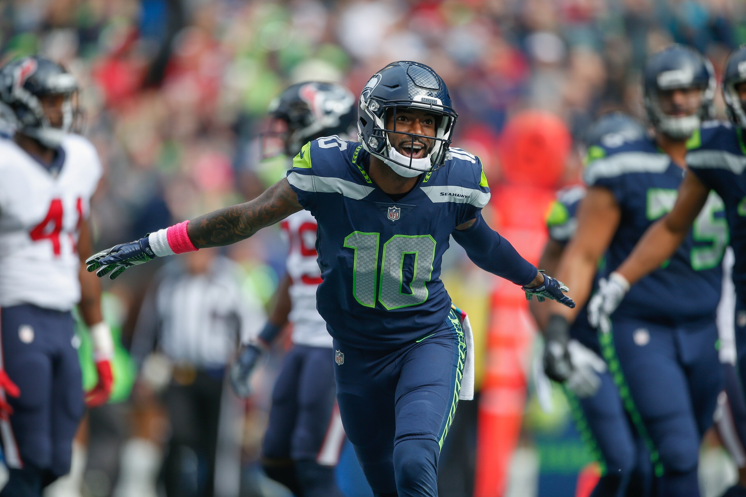 SEATTLE, WA - OCTOBER 29:  Wide receiver Paul Richardson #10 of the Seattle Seahawks celebrates a touchdown during the first quarter of the game against the Houston Texans at CenturyLink Field on October 29, 2017 in Seattle, Washington. (Photo by Otto Gre