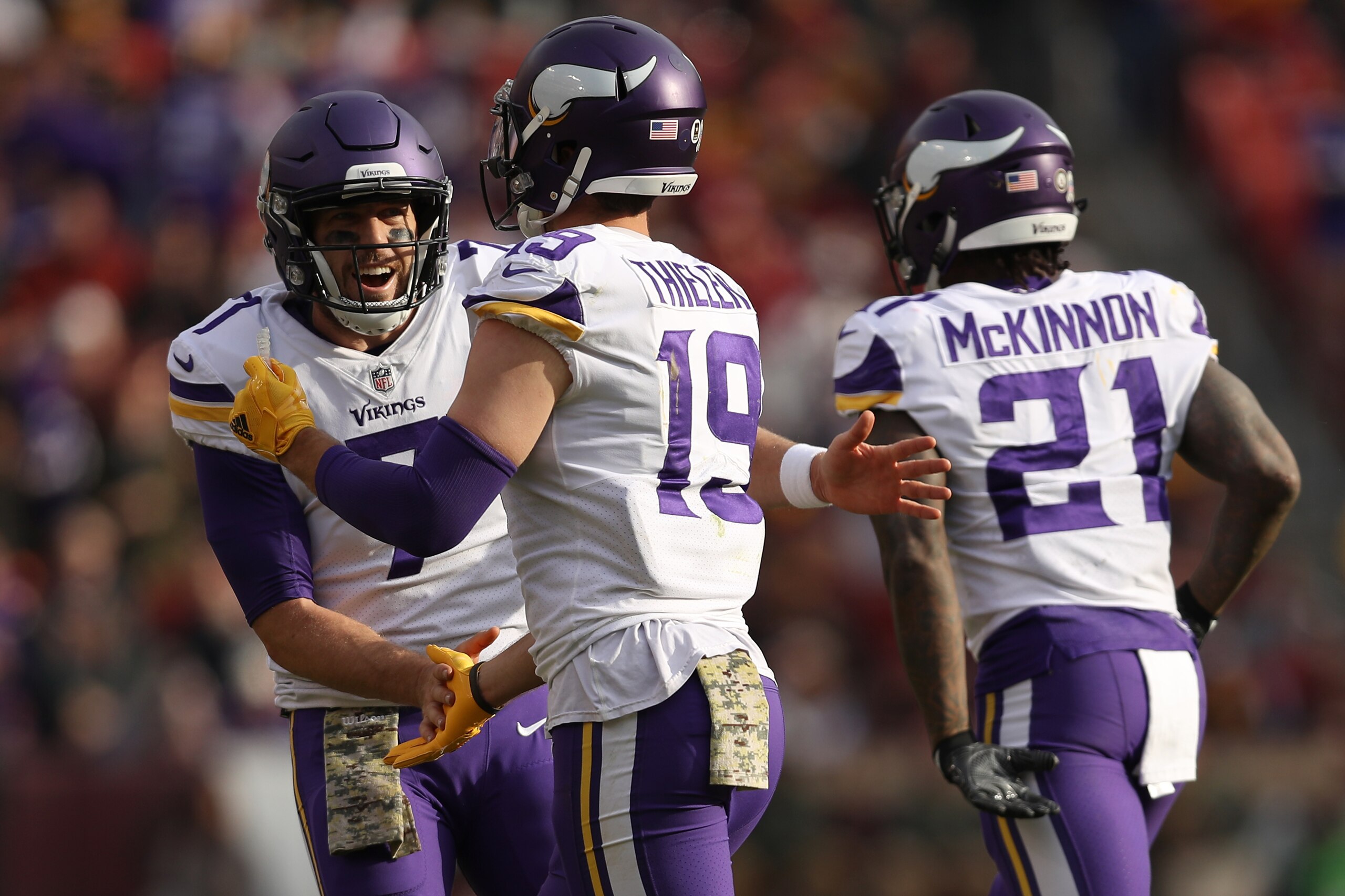 LANDOVER, MD - NOVEMBER 12: Wide receiver Adam Thielen #19 of the Minnesota Vikings celebrates with quarterback Case Keenum #7 of the Minnesota Vikings after scoring a touchdown during the second quarter against the Washington Redskins at FedExField on No