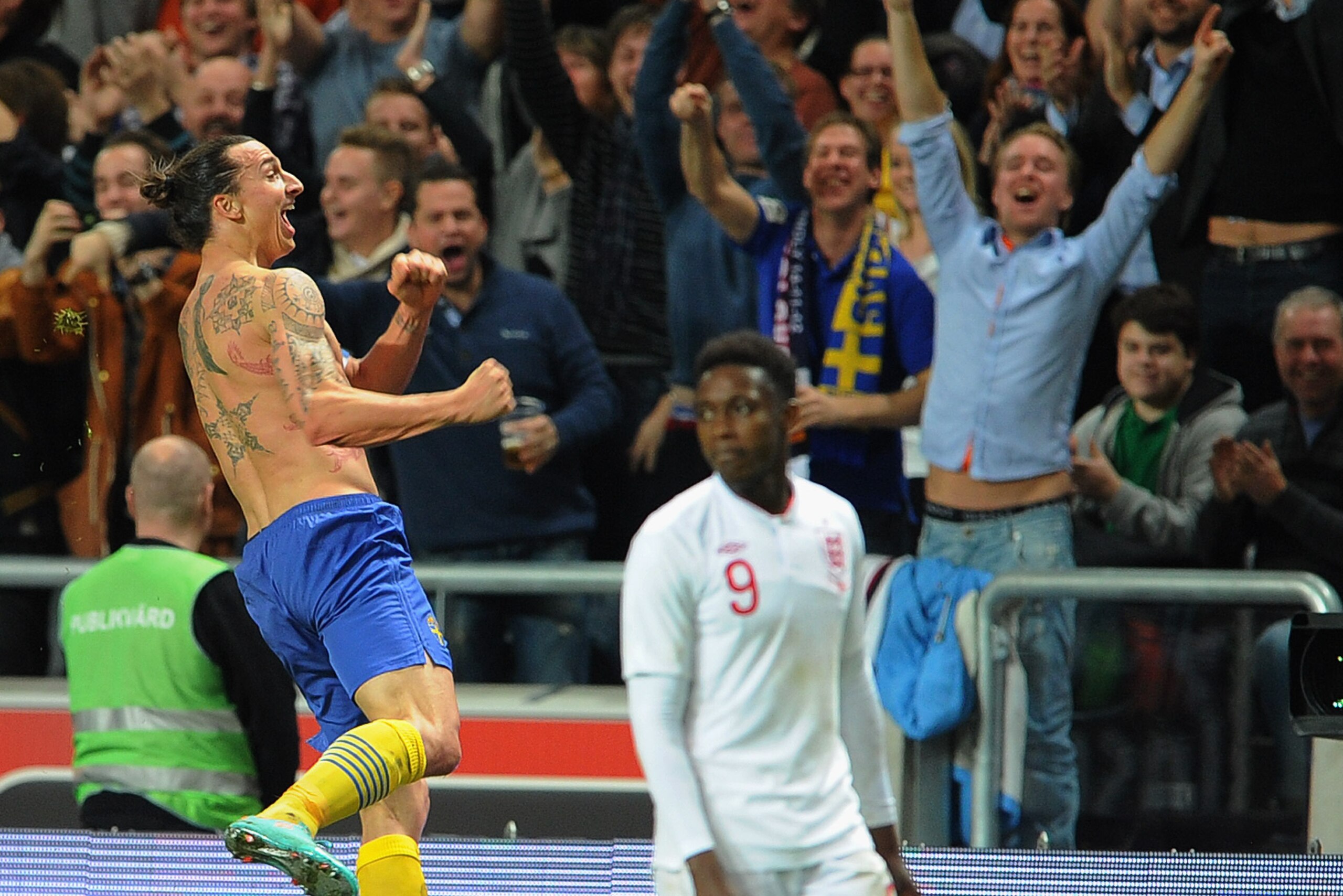 STOCKHOLM, SWEDEN - NOVEMBER 14:  Zlatan Ibrahimovic of Sweden celebrates scoring his 4th goal during the international friendly match between Sweden and England at the Friends Arena on November 14, 2012 in Stockholm, Sweden.  (Photo by Michael Regan/Gett