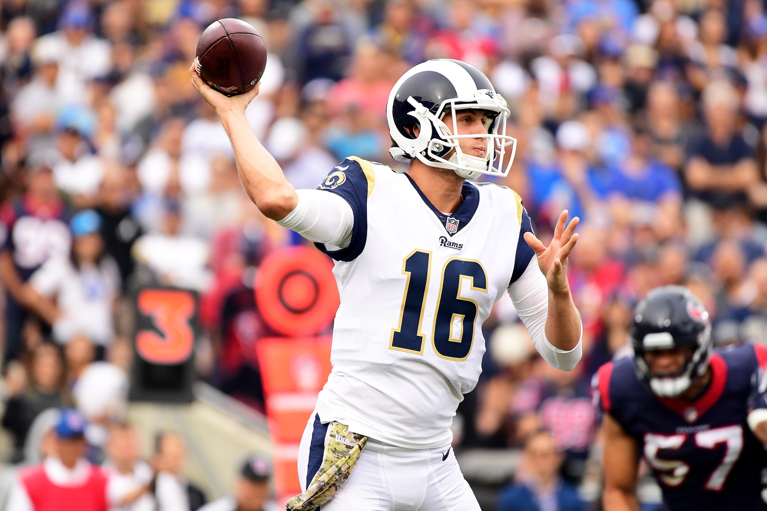 LOS ANGELES, CA - NOVEMBER 12:  Jared Goff #16 of the Los Angeles Rams throws a pass during the game against the Houston Texans at the Los Angeles Memorial Coliseum on November 12, 2017 in Los Angeles, California.  (Photo by Harry How/Getty Images)