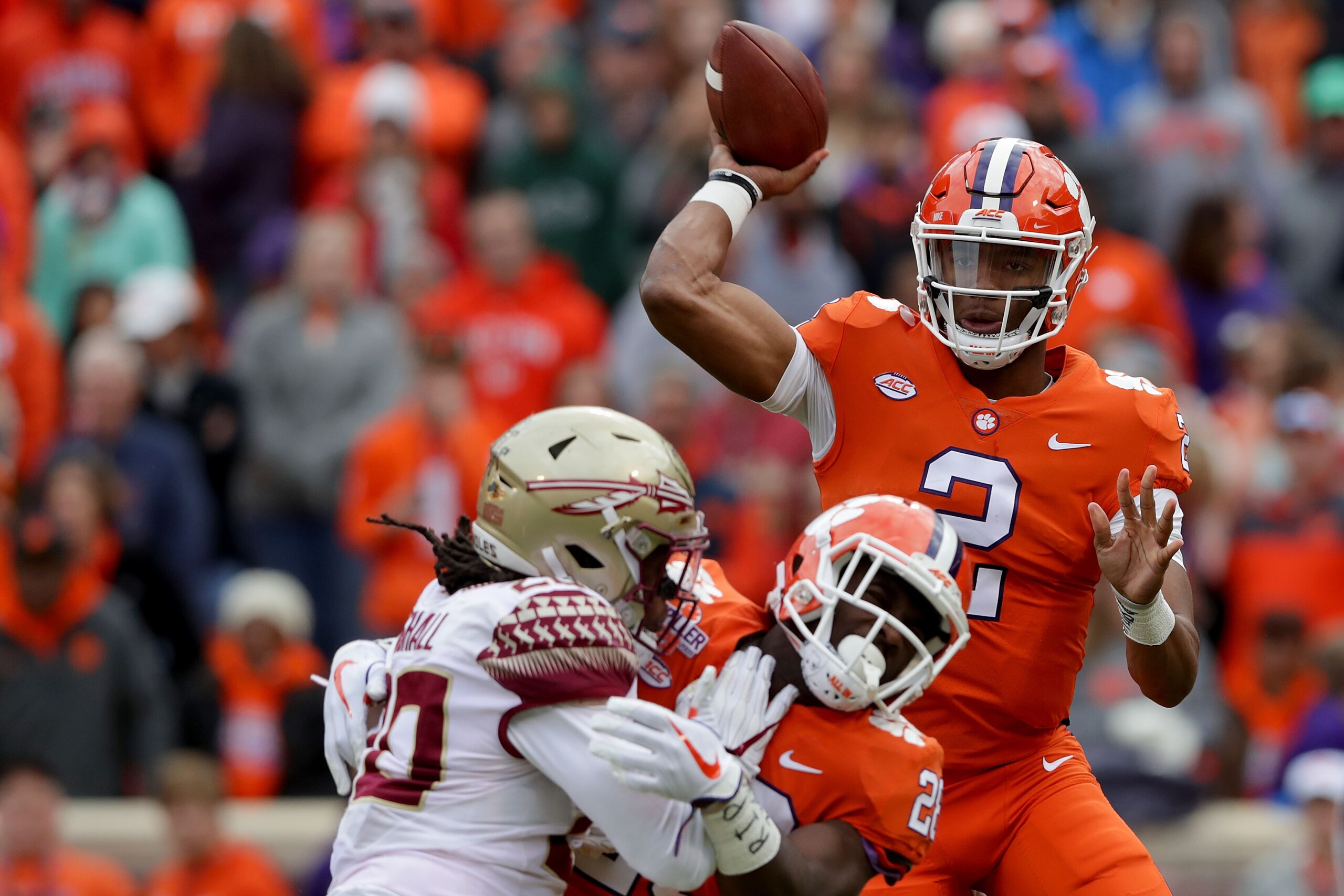 CLEMSON, SC - NOVEMBER 11:  Kelly Bryant #2 of the Clemson Tigers drops back to pass against the Florida State Seminoles during their game at Memorial Stadium on November 11, 2017 in Clemson, South Carolina.  (Photo by Streeter Lecka/Getty Images)