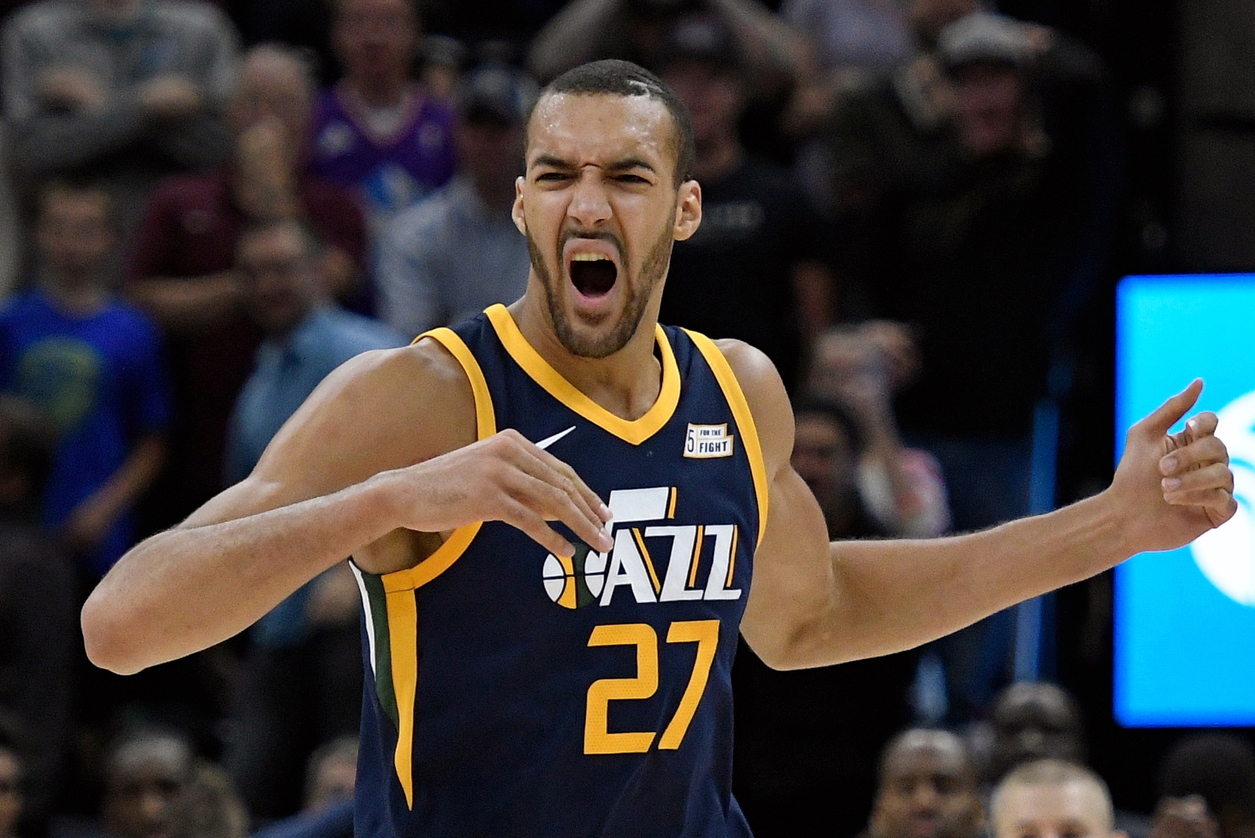 SALT LAKE CITY, UT - NOVEMBER 01: Rudy Gobert #27 of the Utah Jazz reacts to a second half foul during their 112-103 win over the Portland Trail Blazers at Vivint Smart Home Arena on November 01, 2017 in Salt Lake City, Utah. NOTE TO USER: User expressly 