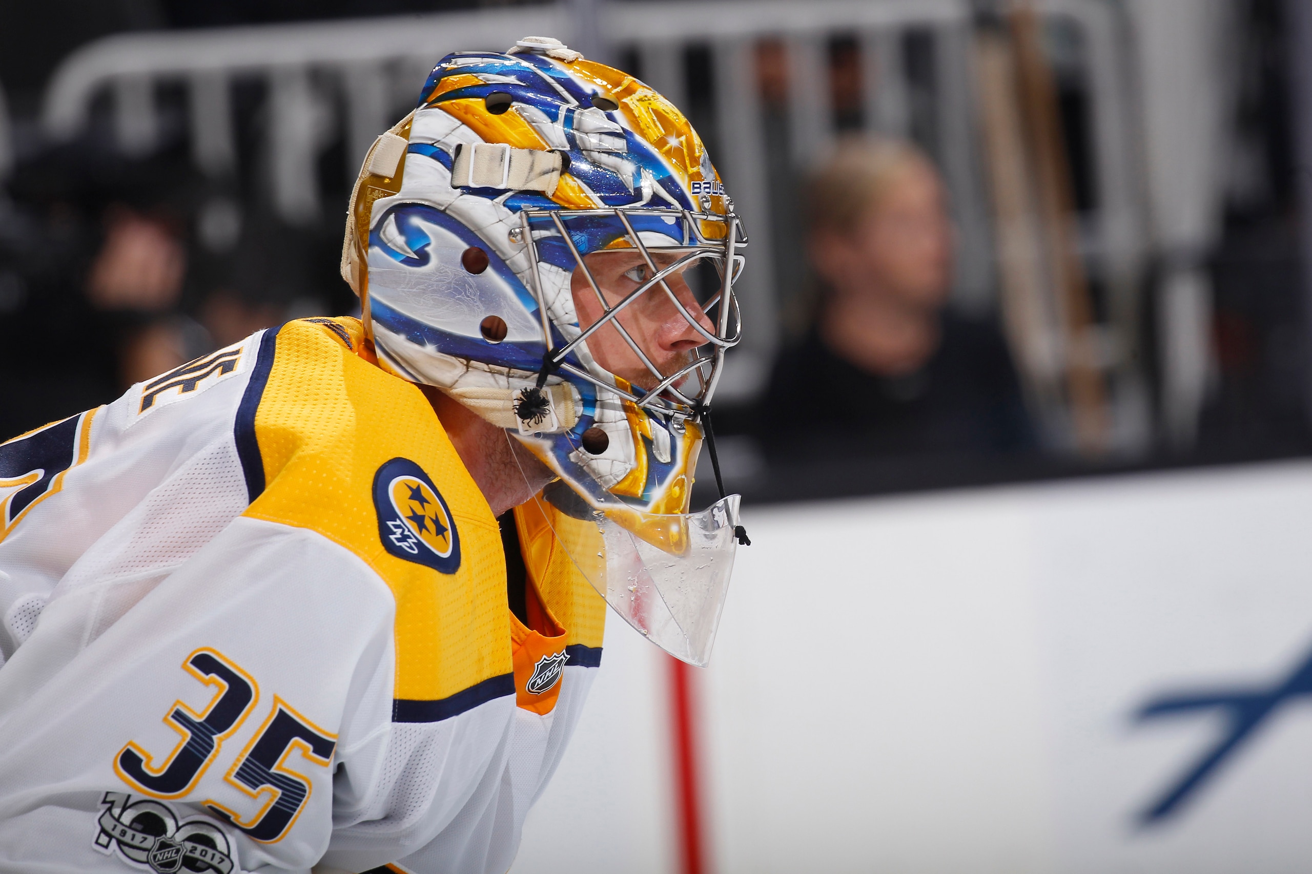SAN JOSE, CA - NOVEMBER 01: Pekka Rinne #35 of the Nashville Predators looks on during the game against the San Jose Sharks at SAP Center on November 1, 2017 in San Jose, California. (Photo by Rocky W. Widner/NHL/Getty Images)