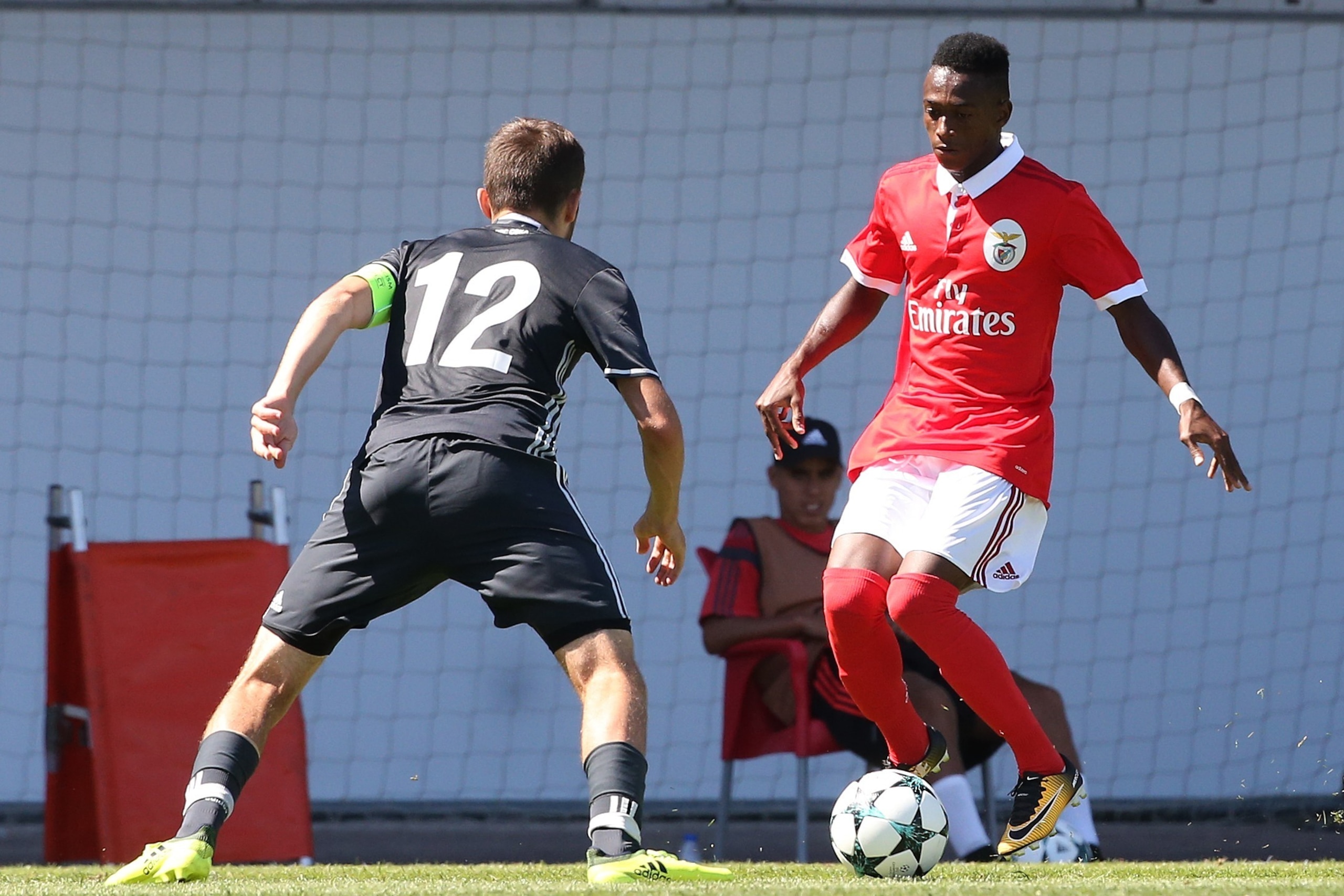SEIXAL, PORTUGAL - SEPTEMBER 12: SL Benfica forward Umaro Embalo with CSKA Moskva defender Khetag Khosonov in action during the UEFA Youth League match between SL Benfica and CSKA Moskva at Caixa Futebol Campus on September 12, 2017 in Seixal, Portugal.  