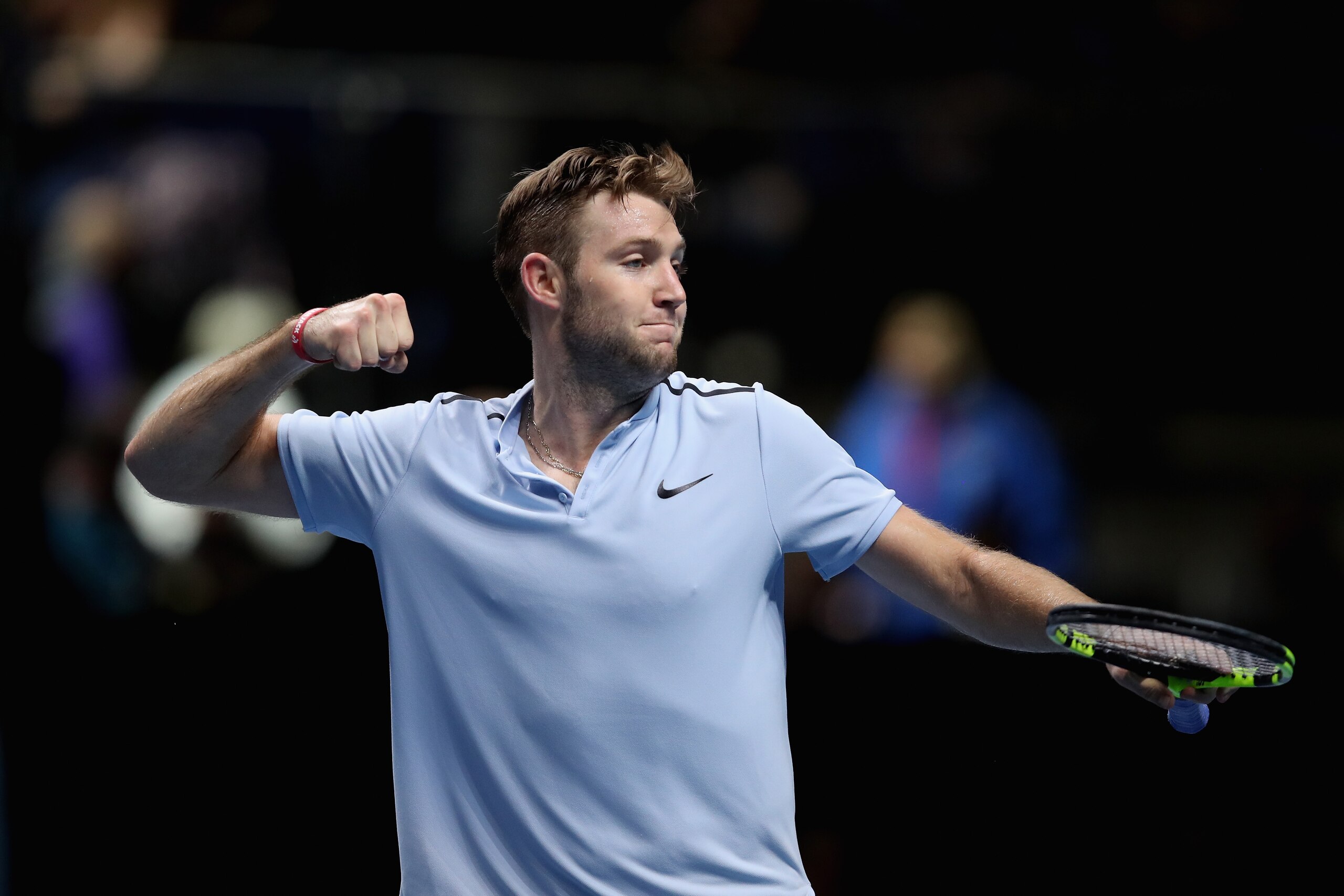 LONDON, ENGLAND - NOVEMBER 14:  Jack Sock of The United States celebrates victory during the singles match against Marin Cilic of Croatia on day three of the Nitto ATP World Tour Finals at O2 Arena on November 14, 2017 in London, England.  (Photo by Julia