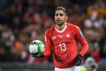 Swiss defender Ricardo Rodriguez holds the ball during the FIFA 2018 World Cup play-off second leg qualifying football match between Switzerland and Northern Ireland at St Jakob-Park Stadium in Basel on November 12, 2017. / AFP PHOTO / Fabrice COFFRINI   