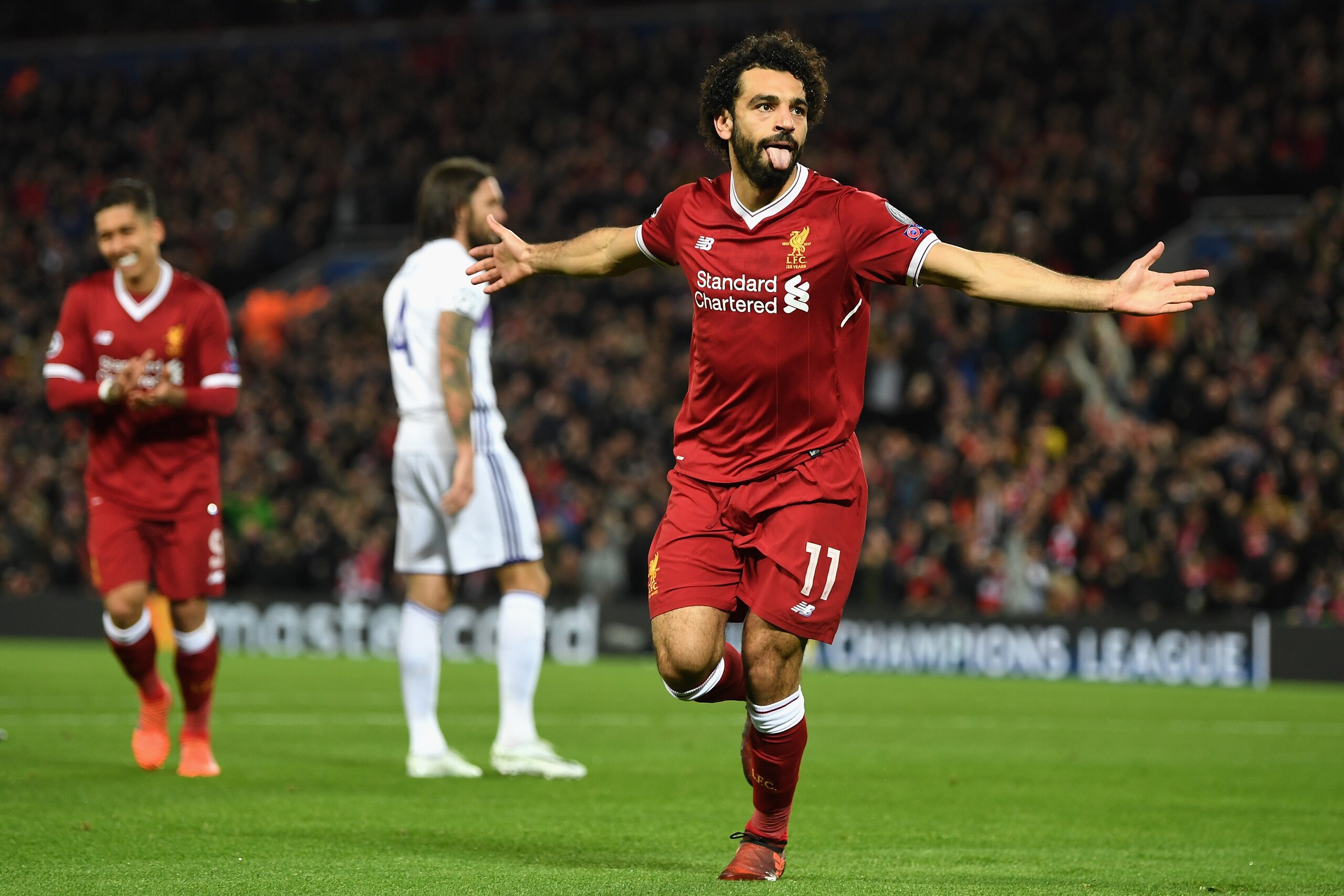 LIVERPOOL, ENGLAND - NOVEMBER 01:  Mohamed Salah of Liverpool celebrates scoring his sides first goal during the UEFA Champions League group E match between Liverpool FC and NK Maribor at Anfield on November 1, 2017 in Liverpool, United Kingdom.  (Photo b