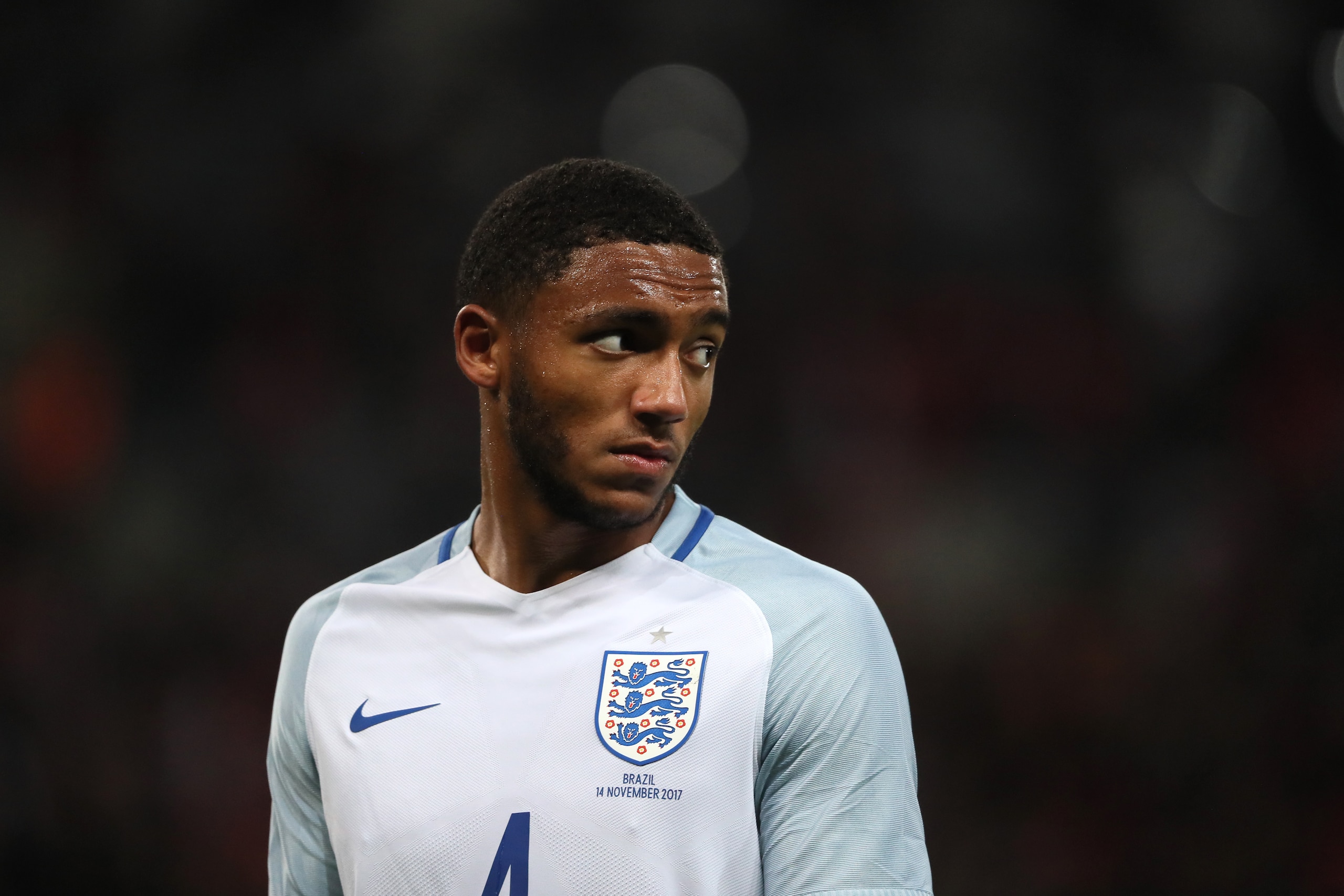 LONDON, ENGLAND - NOVEMBER 14:  Joe Gomez of England in action during the international friendly match between England and Brazil at Wembley Stadium on November 14, 2017 in London, England. (Photo by Matthew Ashton - AMA/Getty Images)