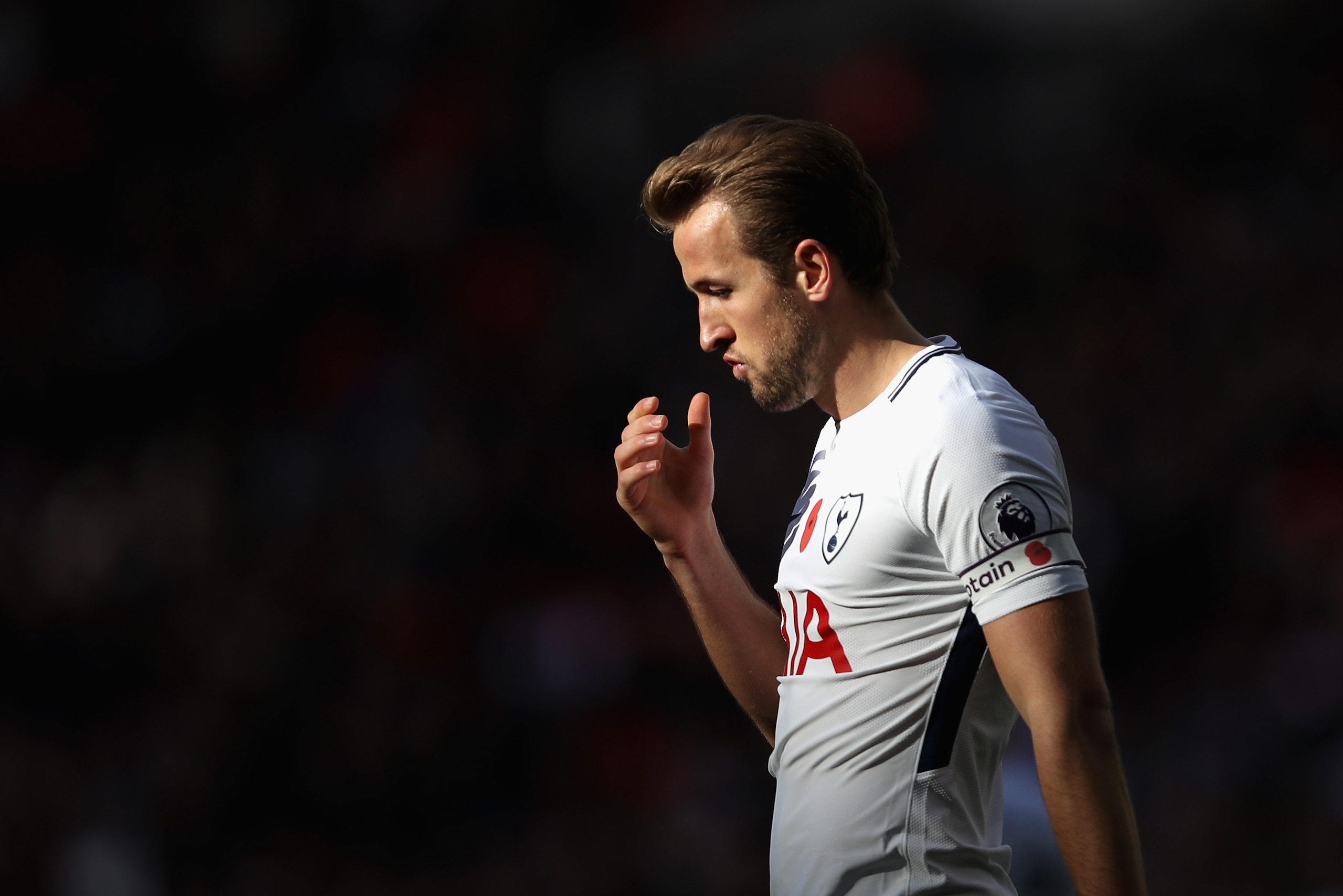 LONDON, ENGLAND - NOVEMBER 05: Harry Kane of Tottenham Hotspur looks on during the Premier League match between Tottenham Hotspur and Crystal Palace at Wembley Stadium on November 5, 2017 in London, England.  (Photo by Julian Finney/Getty Images)