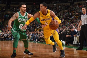 BOSTON, MA - NOVEMBER 8:  Jordan Clarkson #6 of the Los Angeles Lakers drives to the basket against the Boston Celtics on November 8, 2017 at the TD Garden in Boston, Massachusetts. NOTE TO USER: User expressly acknowledges and agrees that, by downloading