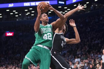 NEW YORK, NY - NOVEMBER 14:  Al Horford #42 of the Boston Celtics shoots the ball against Jarrett Allen #31 of the Brooklyn Nets during the first half of the NBA game at Barclays Center on November 14, 2017 in the Brooklyn Borough of New York City. NOTE T
