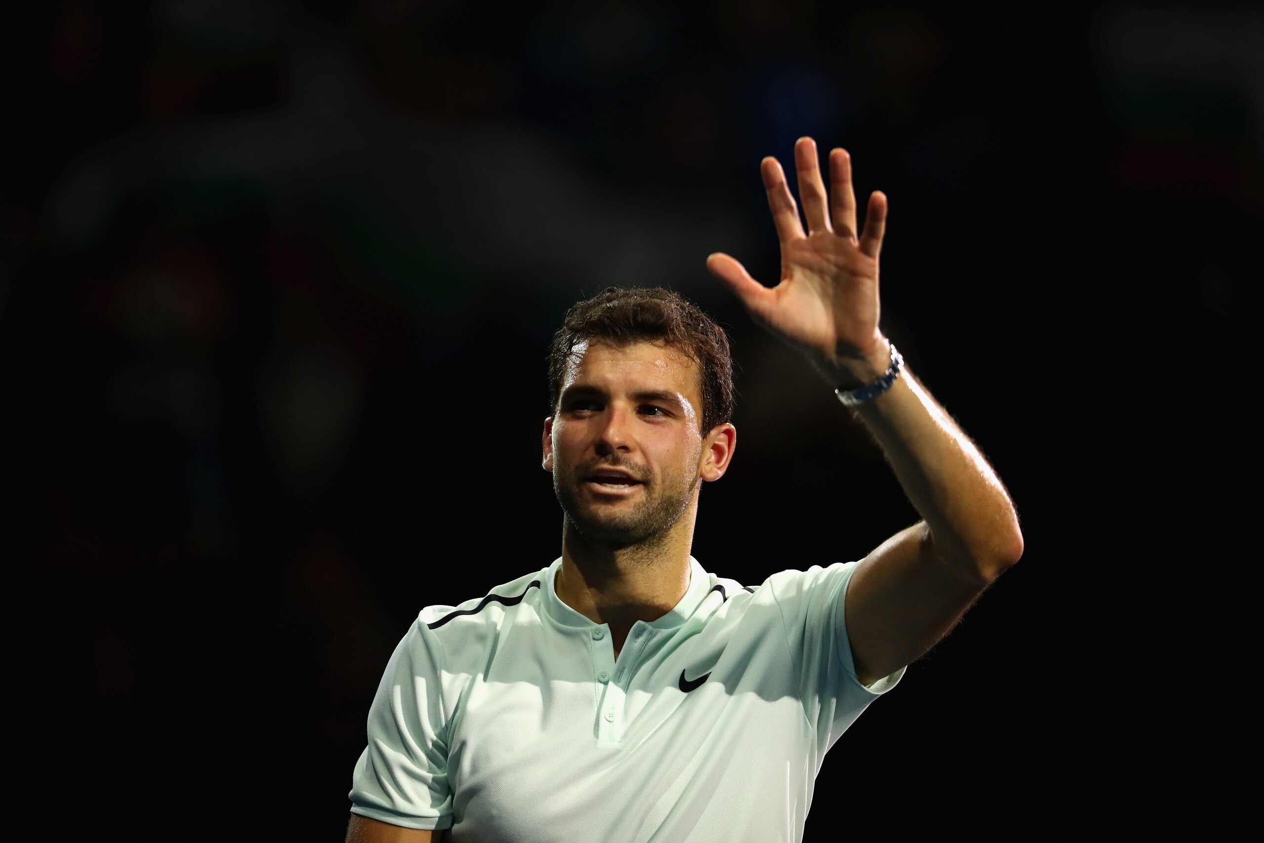 LONDON, ENGLAND - NOVEMBER 15:  Grigor Dimitrov of Bulgaria celebrates victory during the singles match against David Goffin of Belgium on day four of the 2017 Nitto ATP World Tour Finals at O2 Arena on November 15, 2017 in London, England.  (Photo by Nao