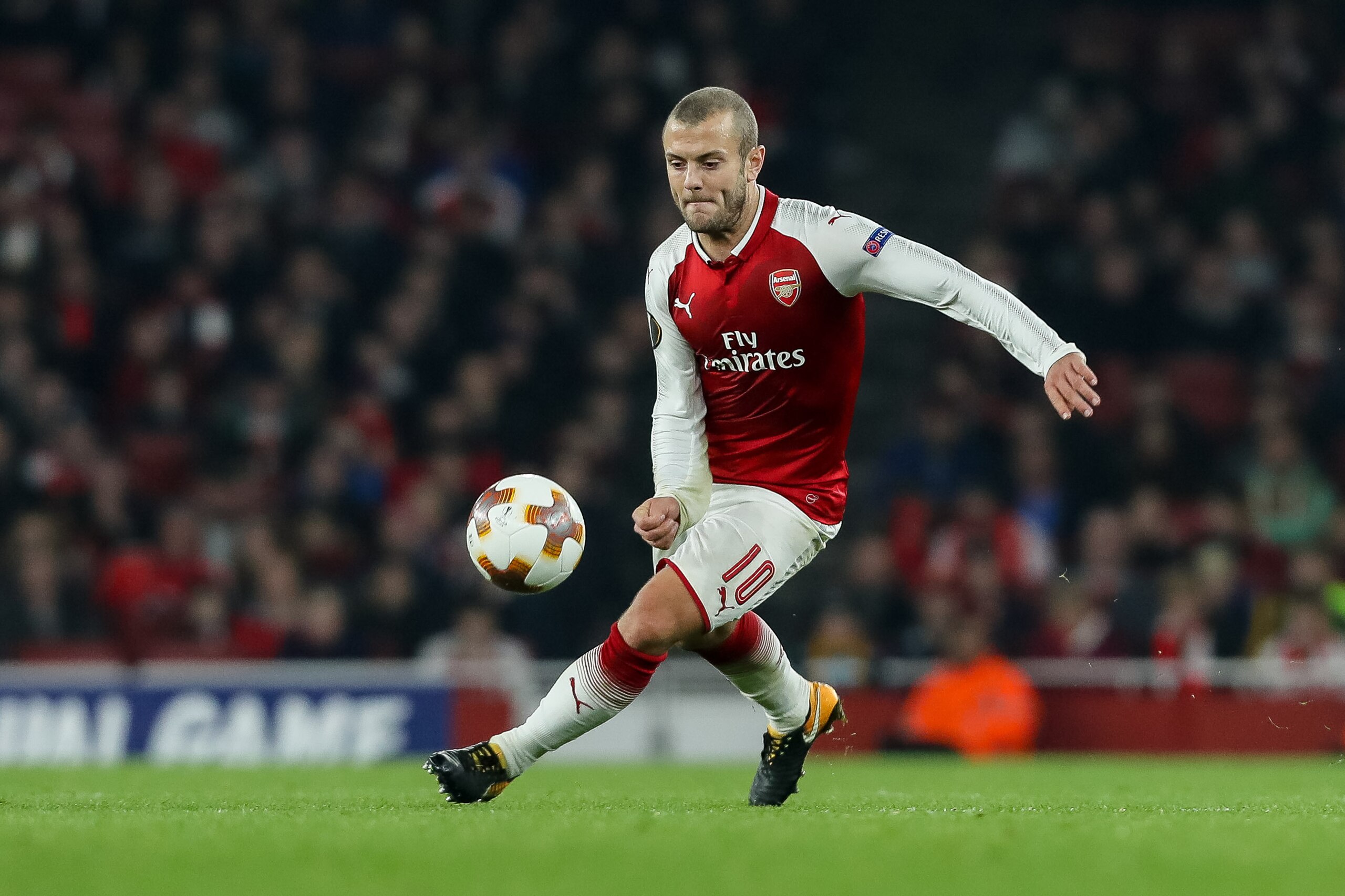 LONDON, ENGLAND - NOVEMBER 02: Jack Wilshere of Arsenal controls the ball during UEFA Europa League Group H match between Arsenal and Red Star Belgrade (Crvena Zvezda) at The Emirates , London 2 Nov 2017 (Photo by TF-Images/TF-Images via Getty Images)