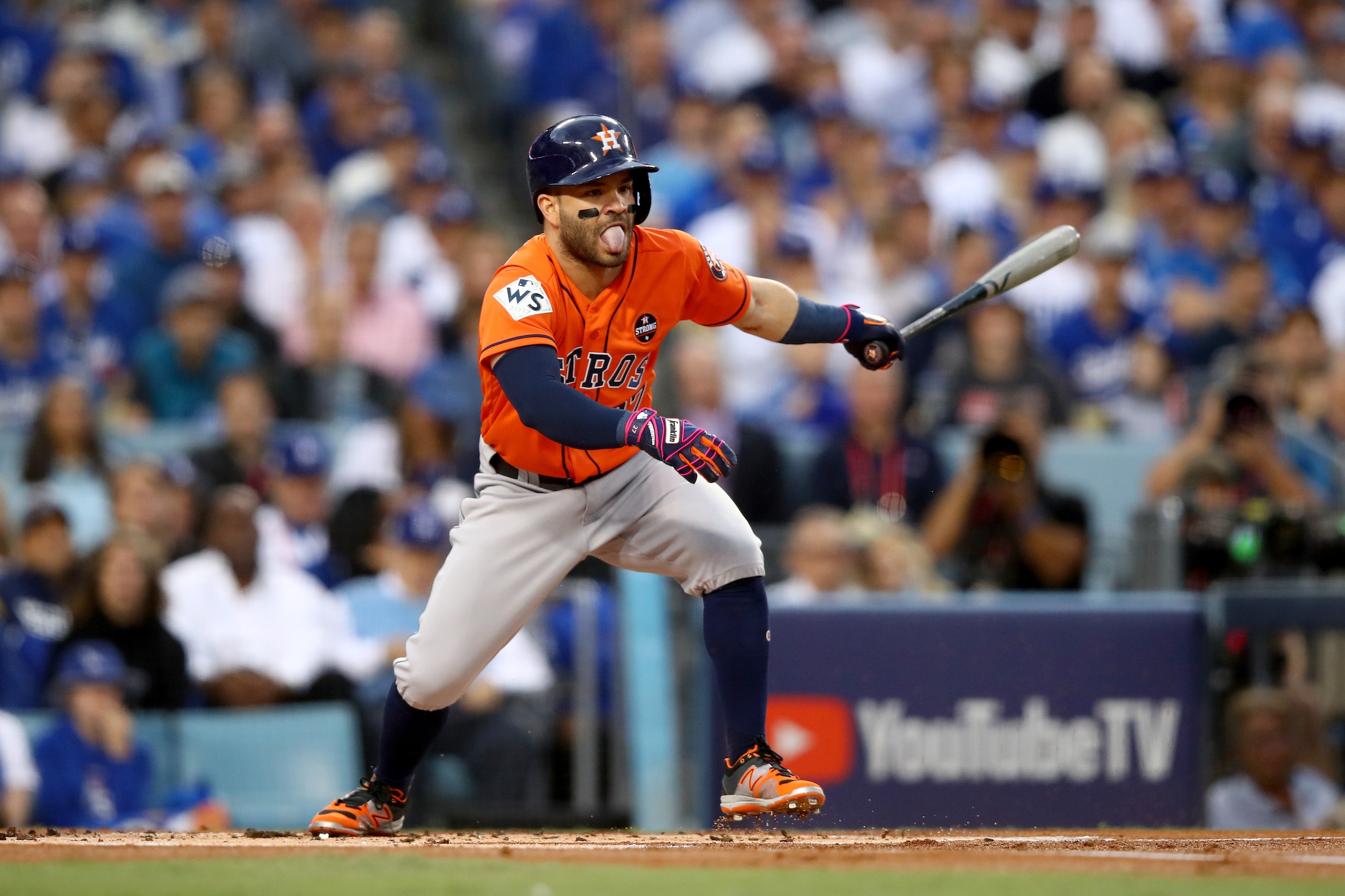 LOS ANGELES, CA - NOVEMBER 01:  Jose Altuve #27 of the Houston Astros reacts as he bats during the first inning against the Los Angeles Dodgers in game seven of the 2017 World Series at Dodger Stadium on November 1, 2017 in Los Angeles, California.  (Phot