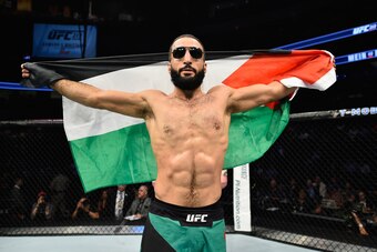 LAS VEGAS, NV - JULY 08:  Belal Muhammad celebrates his victory over Jordan Mein in their welterweight bout during the UFC 213 event at T-Mobile Arena on July 8, 2017 in Las Vegas, Nevada.  (Photo by Jeff Bottari/Zuffa LLC/Zuffa LLC via Getty Images)