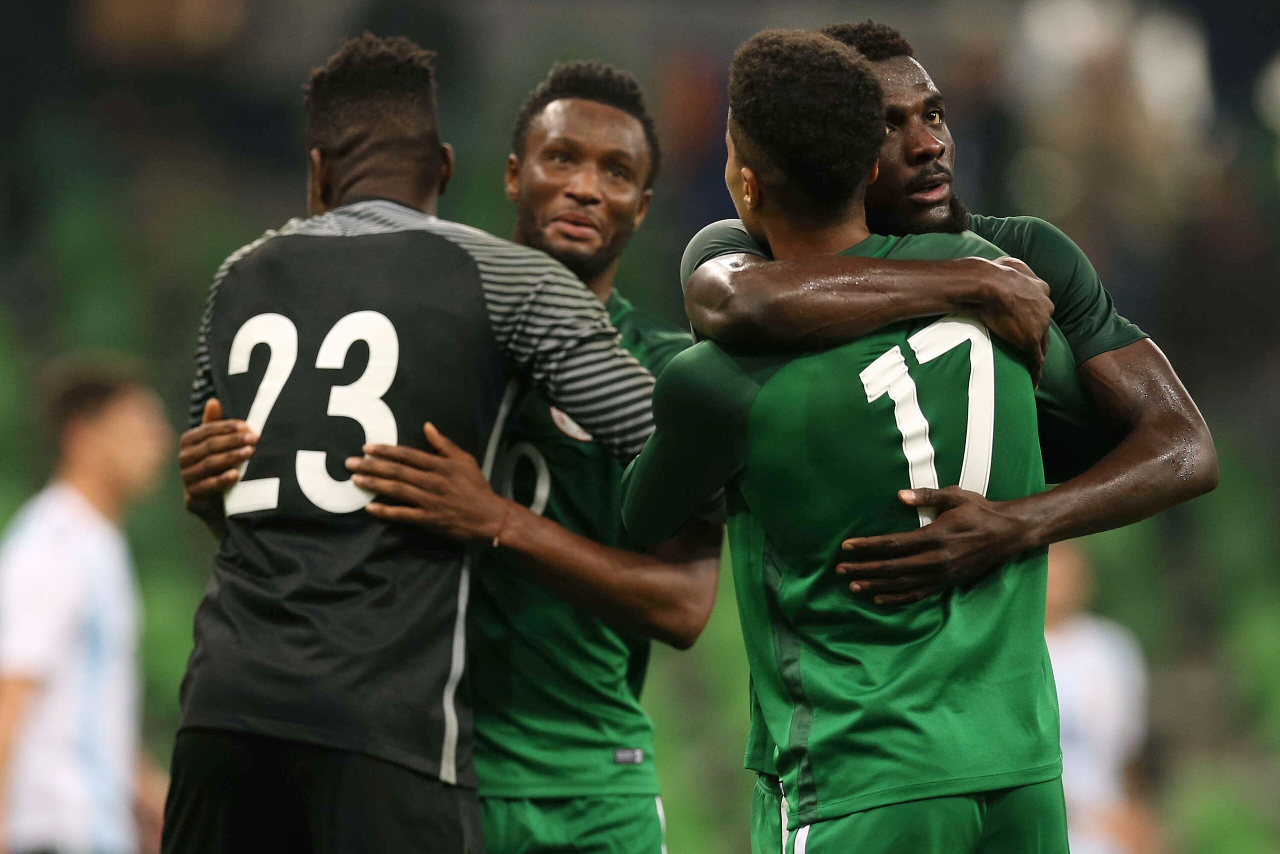 KRASNODAR, RUSSIA - NOVEMBER 14: Players of Nigeria celebrates after winning an international friendly match between Argentina and Nigeria  at Krasnodar Stadium on November 14, 2017 in Krasnodar, Russia. (Photo by Oleg Nikishin/Getty Images)
