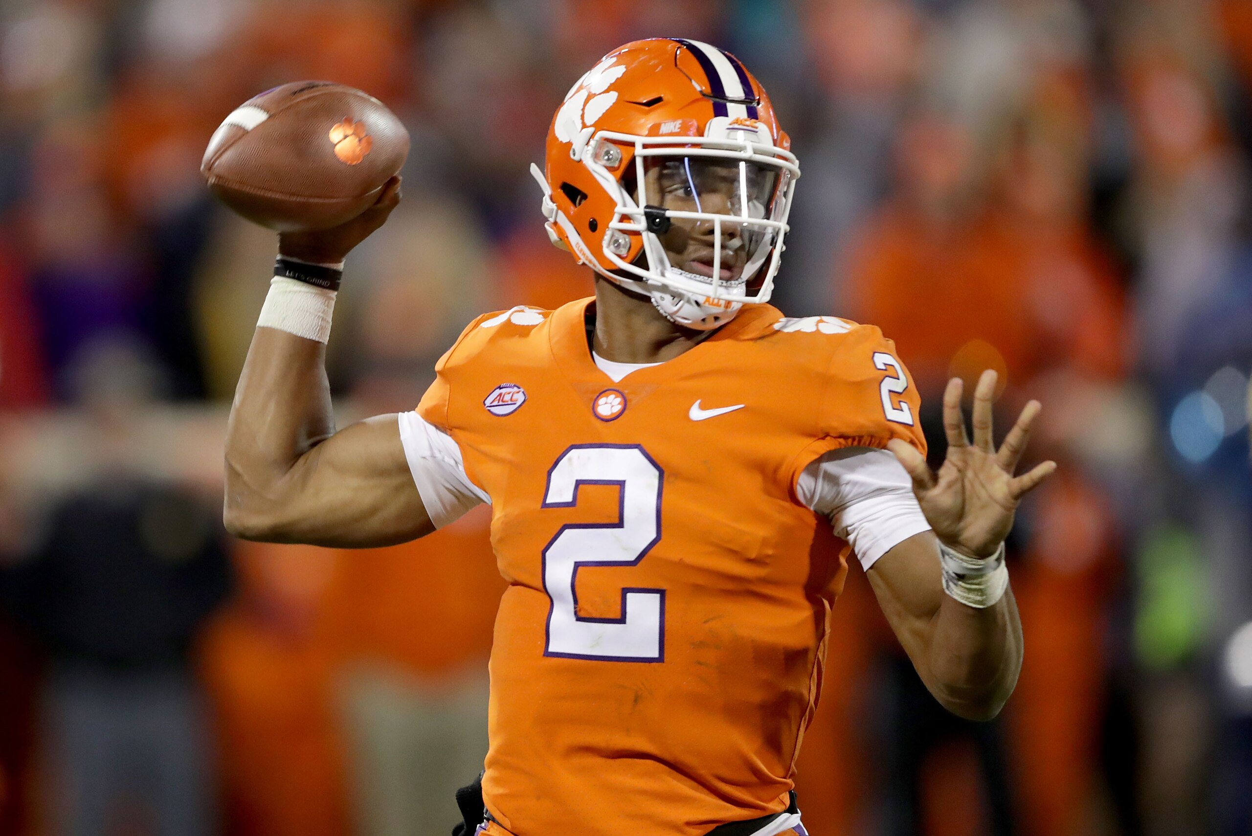 CLEMSON, SC - NOVEMBER 11:  Kelly Bryant #2 of the Clemson Tigers drops back to pass against the Florida State Seminoles during their game at Memorial Stadium on November 11, 2017 in Clemson, South Carolina.  (Photo by Streeter Lecka/Getty Images)
