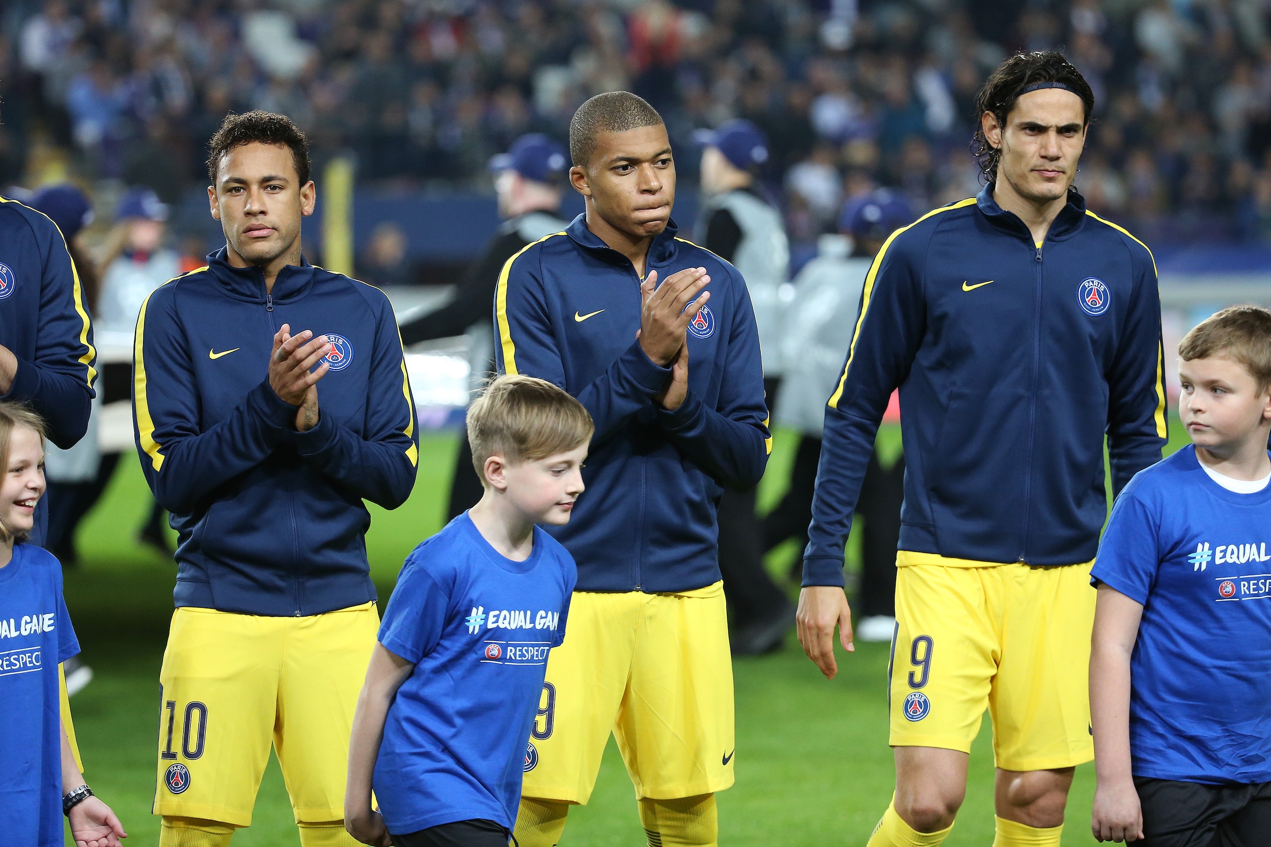 BRUSSELS, BELGIUM - OCTOBER 18: Neymar Jr, Kylian Mbappe, Edinson Cavani of PSG pose before the UEFA Champions League match between RSC Anderlecht and Paris Saint Germain (PSG) at Constant Vanden Stock Stadium on October 18, 2017 in Anderlecht, Brussels, 