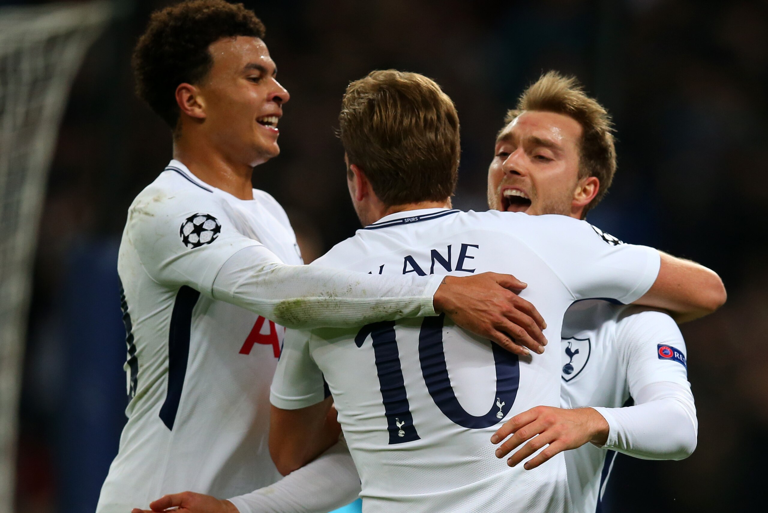 LONDON, ENGLAND - NOVEMBER 01: Christian Eriksen of Tottenham Hotspur celebrates after he scores a goal to make it 3-0 with Dele Alli and Harry Kane of Tottenham Hotspur during the UEFA Champions League group H match between Tottenham Hotspur and Real Mad LONDON, ENGLAND - NOVEMBER 01: Christian Eriksen of Tottenham Hotspur celebrates after he scores a goal to make it 3-0 with Dele Alli and Harry Kane of Tottenham Hotspur during the UEFA Champions League group H match between Tottenham Hotspur and Real Mad