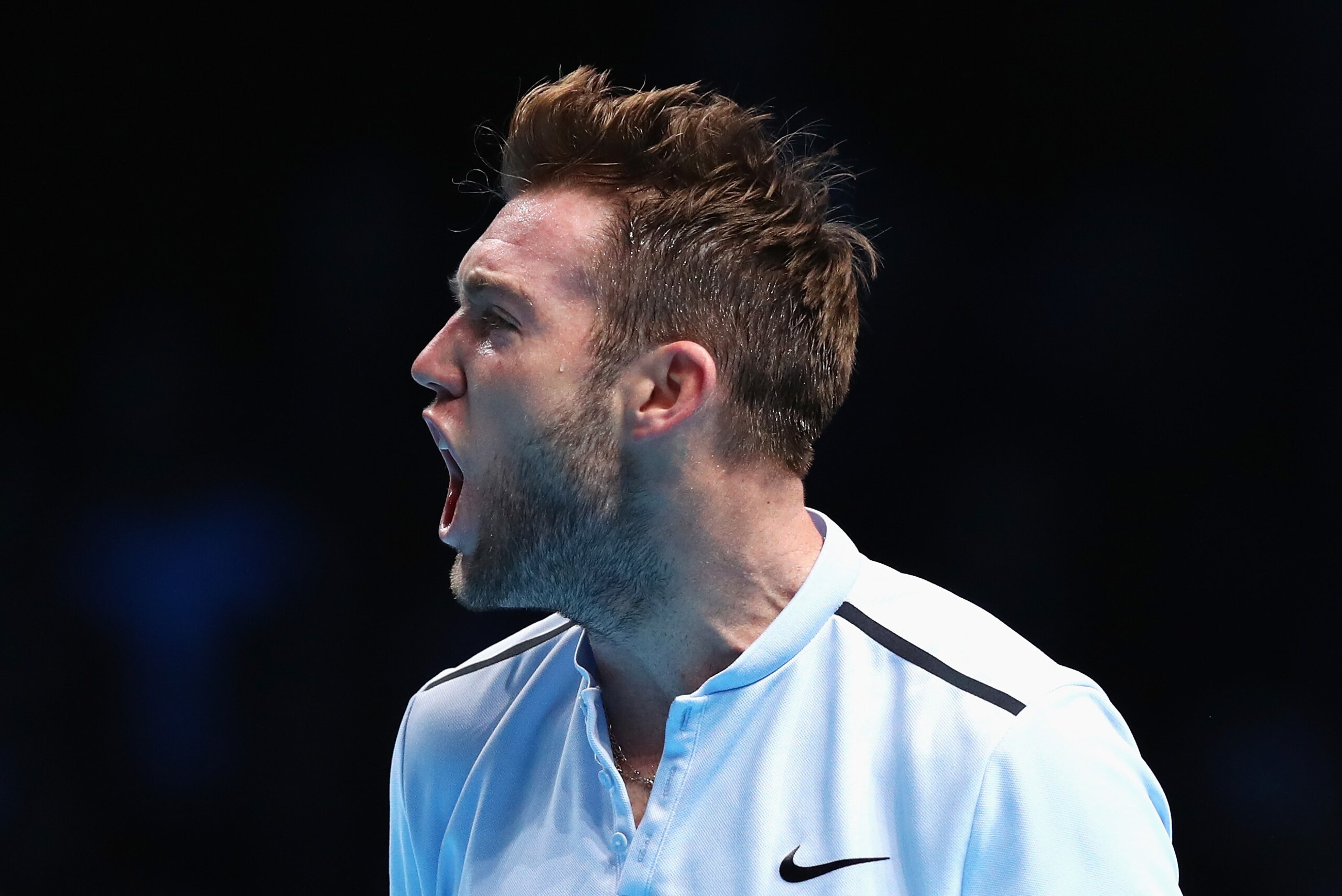 LONDON, ENGLAND - NOVEMBER 16:  Jack Sock of the United States celebrates a point in his Singles match against Alexander Zverev of Germany during day five of the Nitto ATP World Tour Finals at O2 Arena on November 16, 2017 in London, England.  (Photo by N