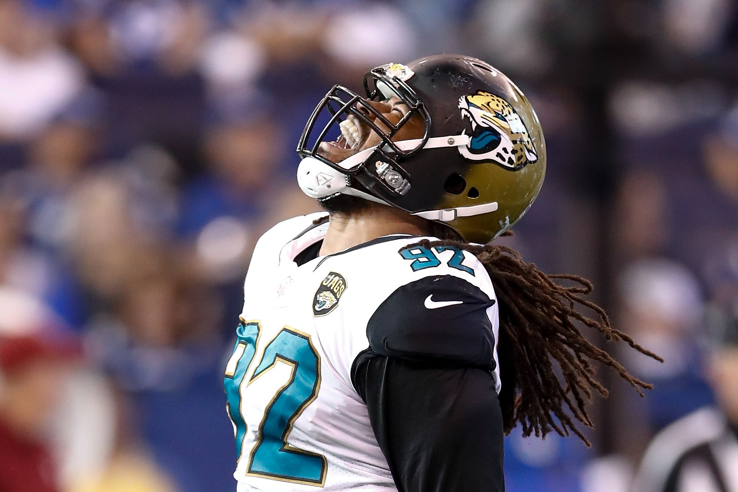 INDIANAPOLIS, IN - OCTOBER 22:  Sheldon Day #92 of the Jacksonville Jaguars celebrates after a sack against the Indianapolis Colts during the fourth quarter at Lucas Oil Stadium on October 22, 2017 in Indianapolis, Indiana.  (Photo by Andy Lyons/Getty Ima