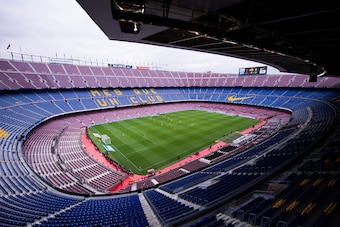 BARCELONA, SPAIN - OCTOBER 01: A general view of the Camp Nou stadium during the La Liga match between Barcelona and Las Palmas at Camp Nou on October 1, 2017 in Barcelona, Spain. The match is being played with empty stands after the events occured in Cat