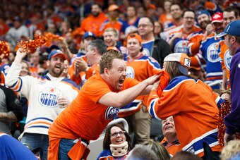 EDMONTON, AB - MAY 7:  Oilers fans get into the playoffs spirit as the Edmonton Oilers take on the Anaheim Ducks in Game Six of the Western Conference Second Round during the 2017 NHL Stanley Cup Playoffs at Rogers Place on May 7, 2017 in Edmonton, Albert