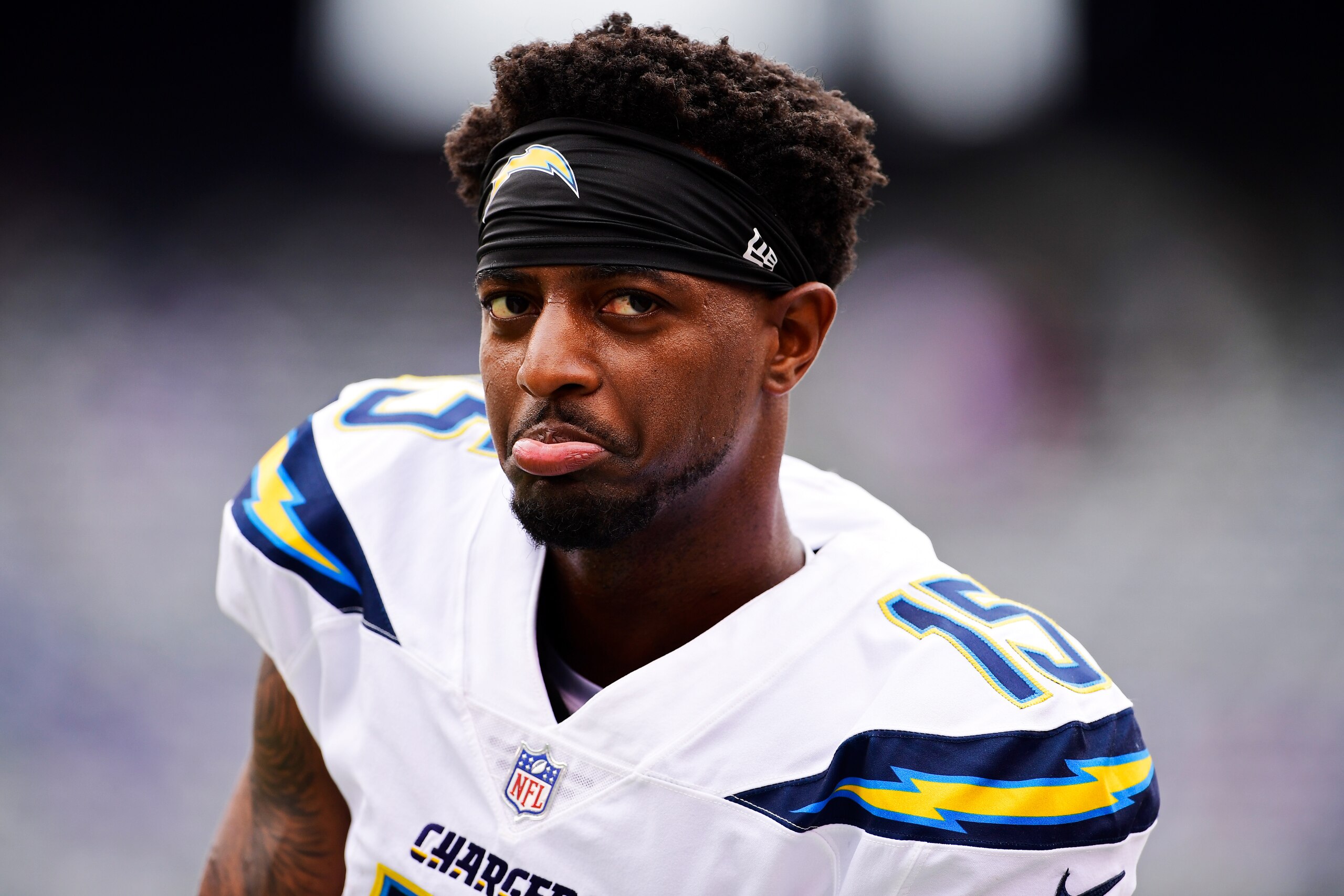 EAST RUTHERFORD, NJ - OCTOBER 08:  Dontrelle Inman #15 of the Los Angeles Chargers warms up prior to an NFL game against the New York Giants at MetLife Stadium on October 8, 2017 in East Rutherford, New Jersey.  (Photo by Steven Ryan/Getty Images)