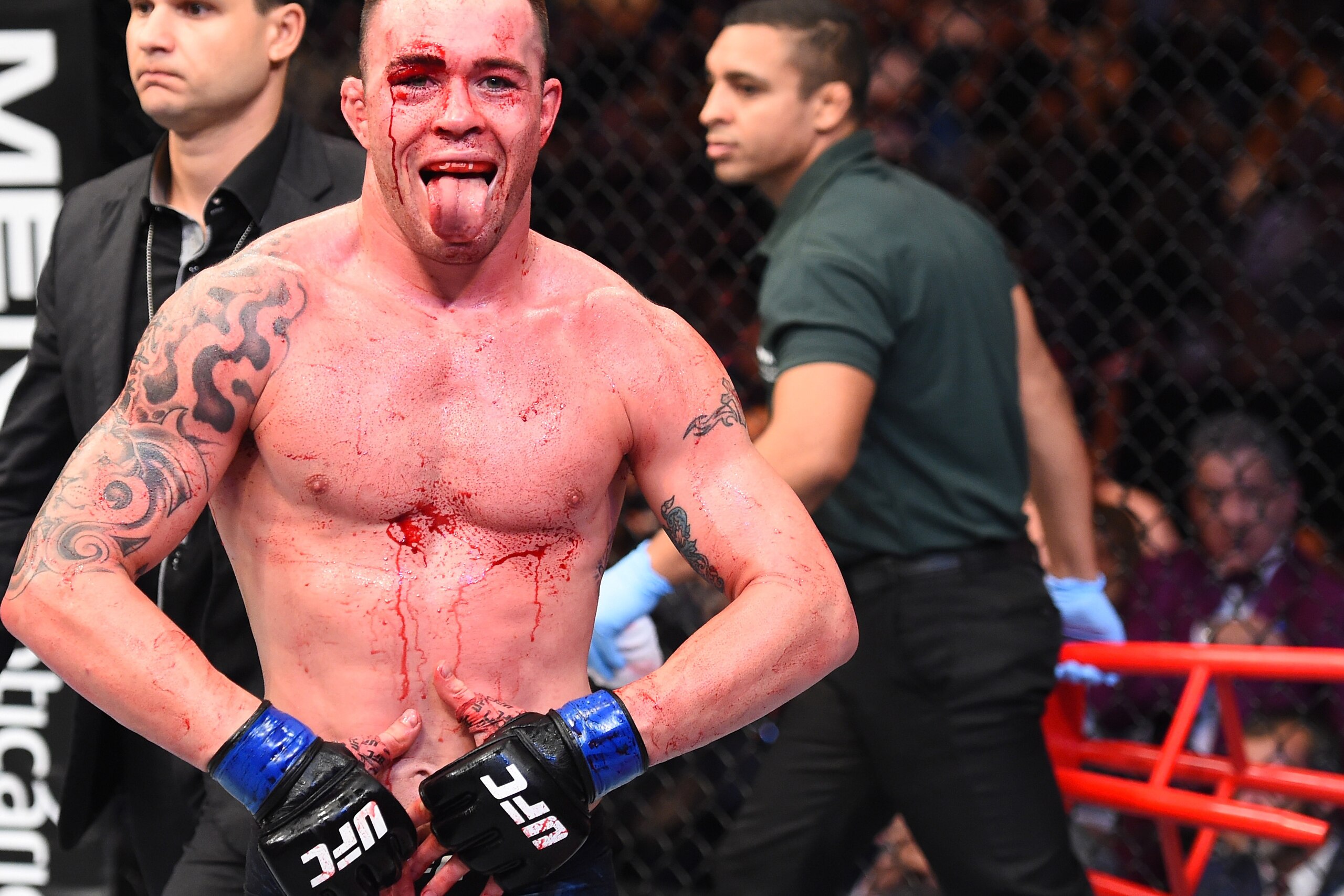 SAO PAULO, BRAZIL - OCTOBER 28:  Colby Covington celebrates after defeating Demian Maia of Brazil in their welterweight bout during the UFC Fight Night event inside the Ibirapuera Gymnasium on October 28, 2017 in Sao Paulo, Brazil. (Photo by Josh Hedges/Z