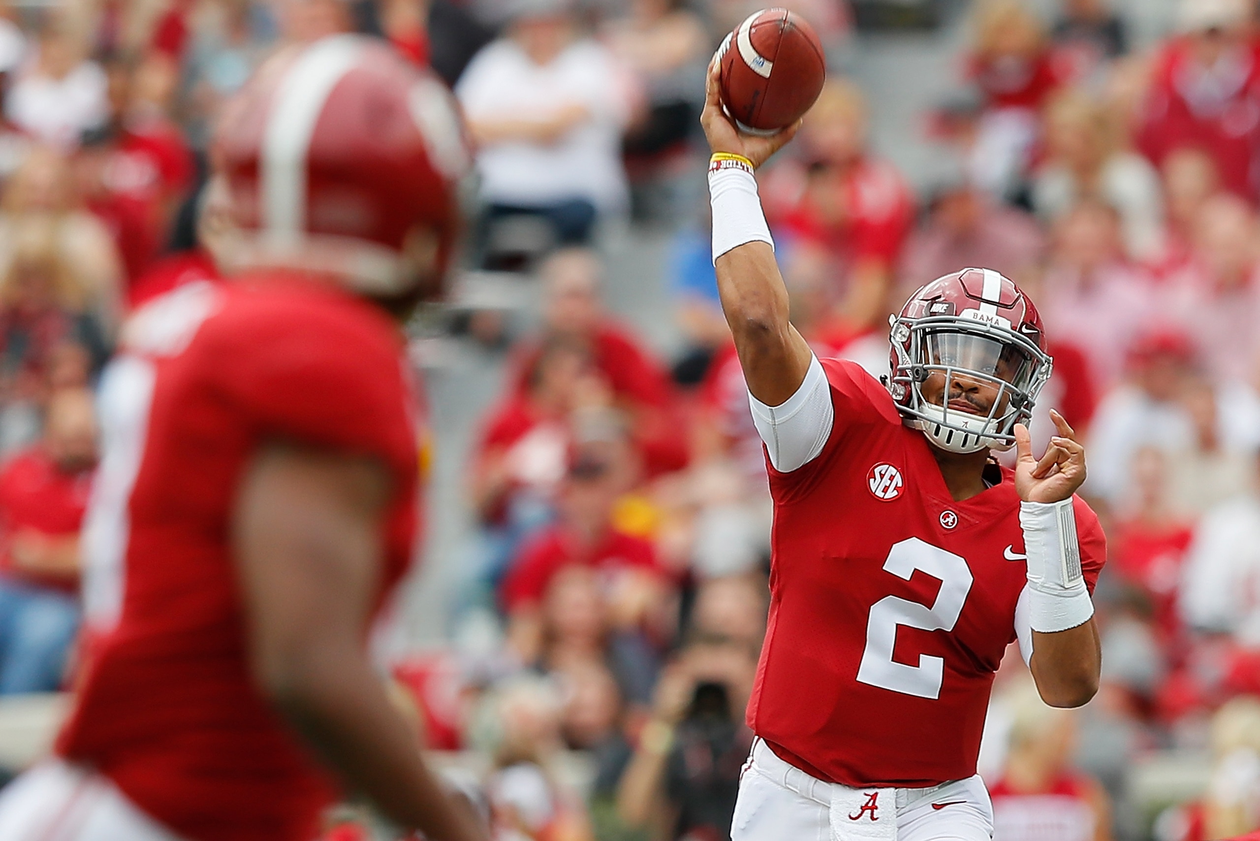 TUSCALOOSA, AL - NOVEMBER 18:  Jalen Hurts #2 of the Alabama Crimson Tide passes against the Mercer Bears at Bryant-Denny Stadium on November 18, 2017 in Tuscaloosa, Alabama.  (Photo by Kevin C. Cox/Getty Images)