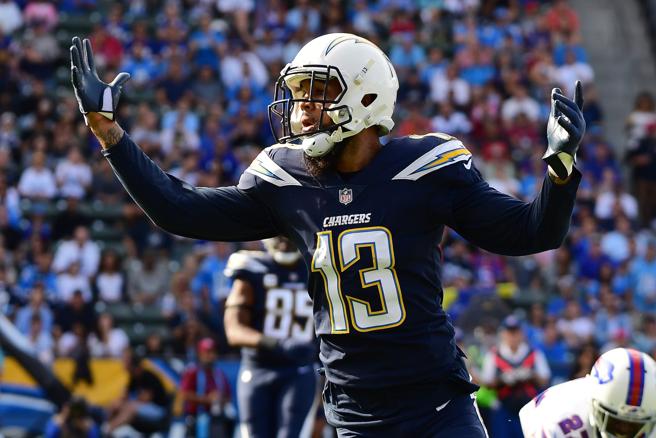 CARSON, CA - NOVEMBER 19:  Keenan Allen #13 of the Los Angeles Chargers calls for a pass interference penalty during the game against the Buffalo Bills at the StubHub Center on November 19, 2017 in Carson, California.  (Photo by Harry How/Getty Images)