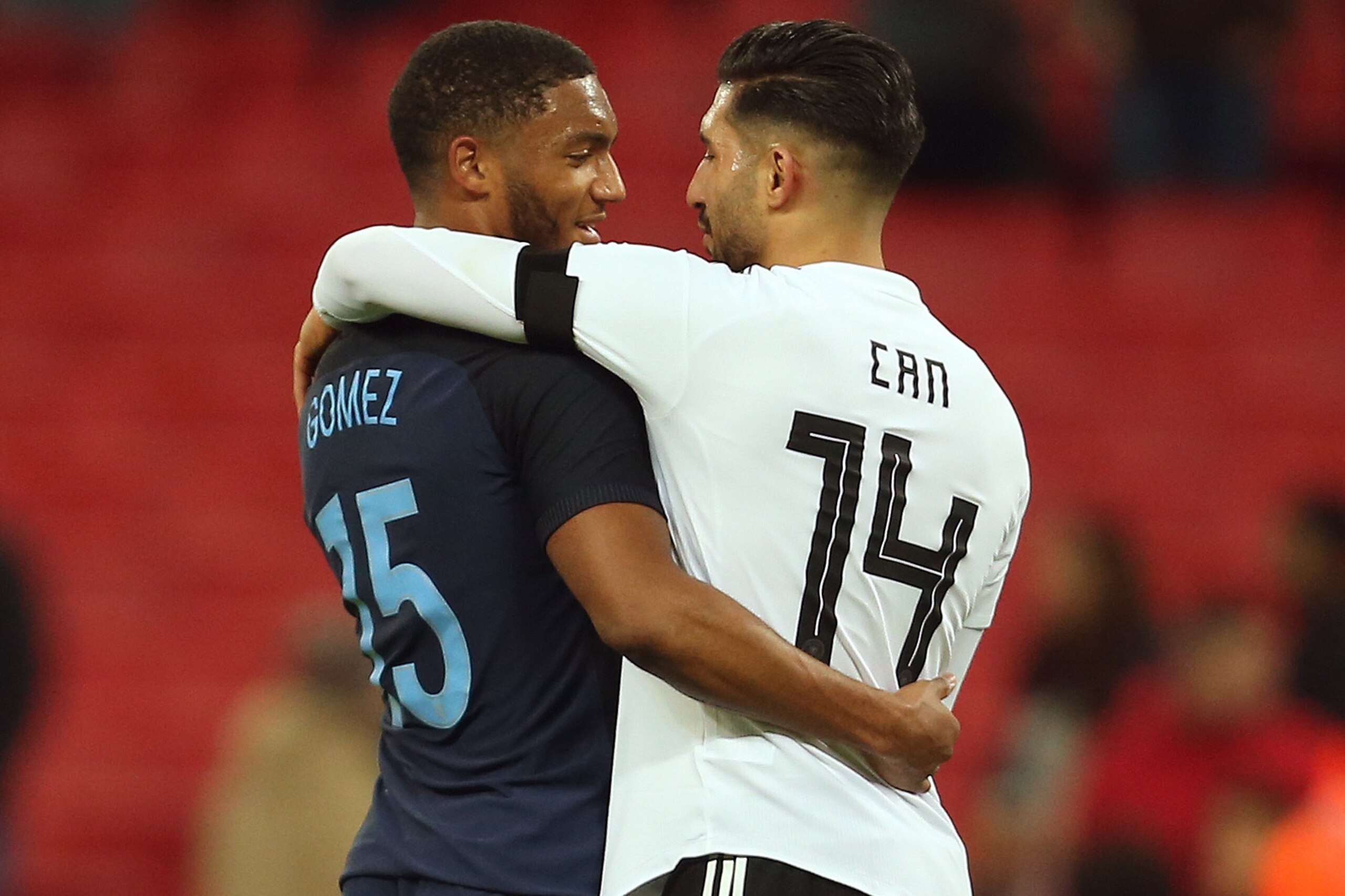 LONDON, ENGLAND - NOVEMBER 10: Liverpool team mates Joe Gomez of England and Emre Can of Germany embrace at full time after the International Friendly fixture between Germany and England at Wembley Stadium on November 10, 2017 in London, England. (Photo b