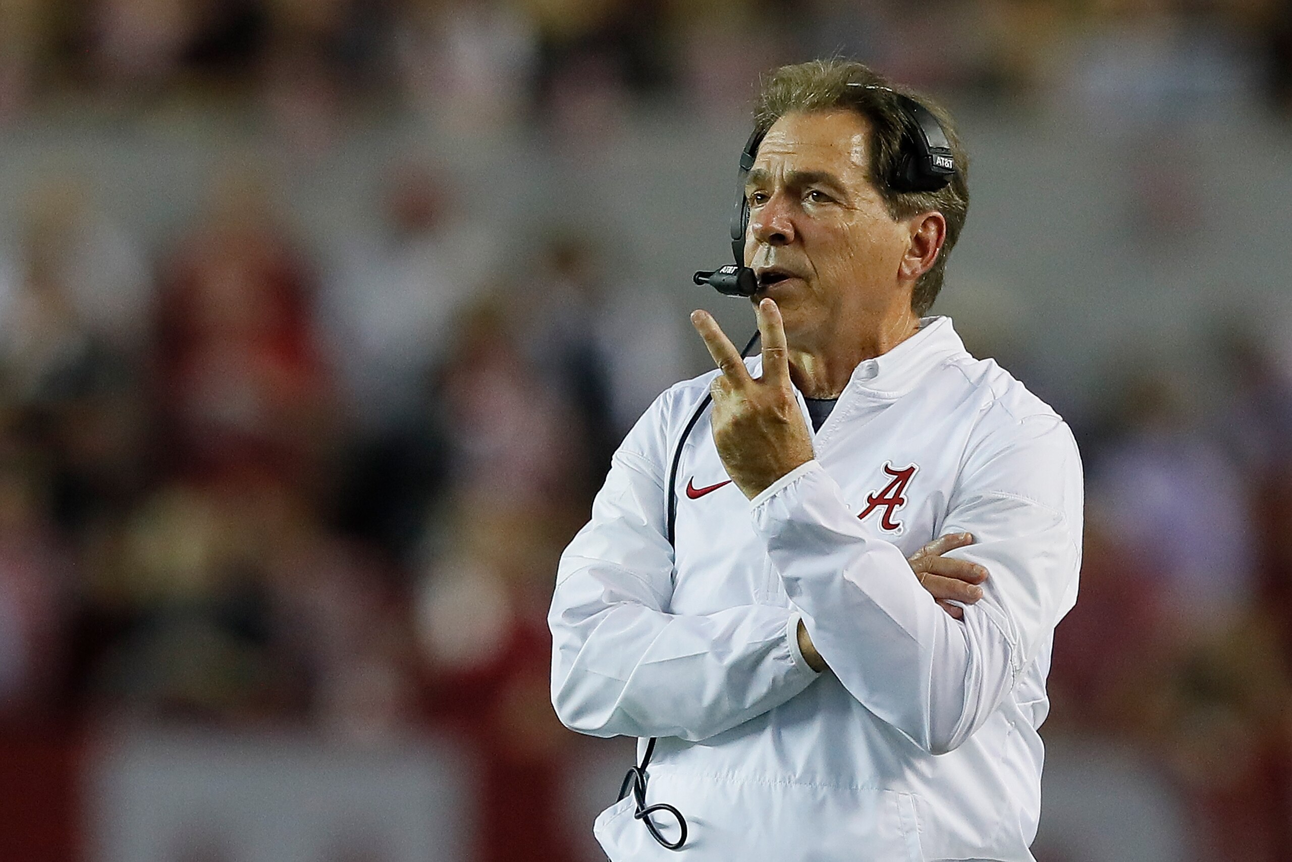 TUSCALOOSA, AL - NOVEMBER 04:  Head coach Nick Saban of the Alabama Crimson Tide looks on during the final minutes of their 24-10 win over the LSU Tigers at Bryant-Denny Stadium on November 4, 2017 in Tuscaloosa, Alabama.  (Photo by Kevin C. Cox/Getty Ima