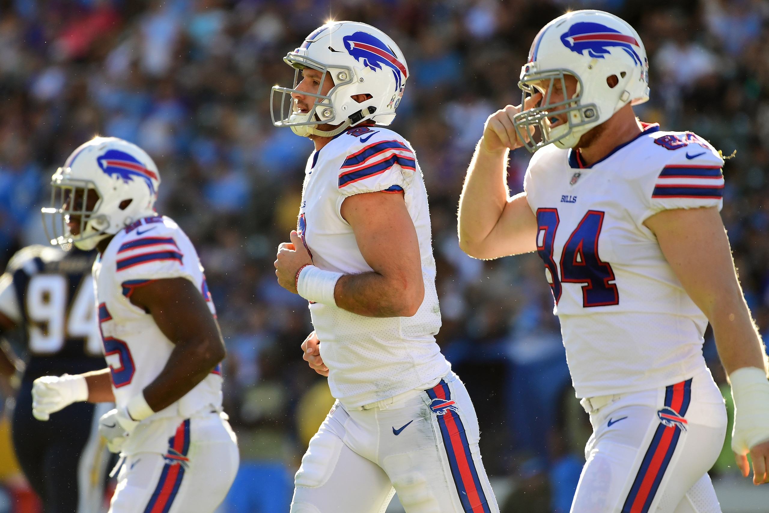CARSON, CA - NOVEMBER 19:  Nathan Peterman #2 of the Buffalo Bills leaves the field after a failed third down during the game against the Los Angeles Chargers at the StubHub Center on November 19, 2017 in Carson, California.  (Photo by Harry How/Getty Ima