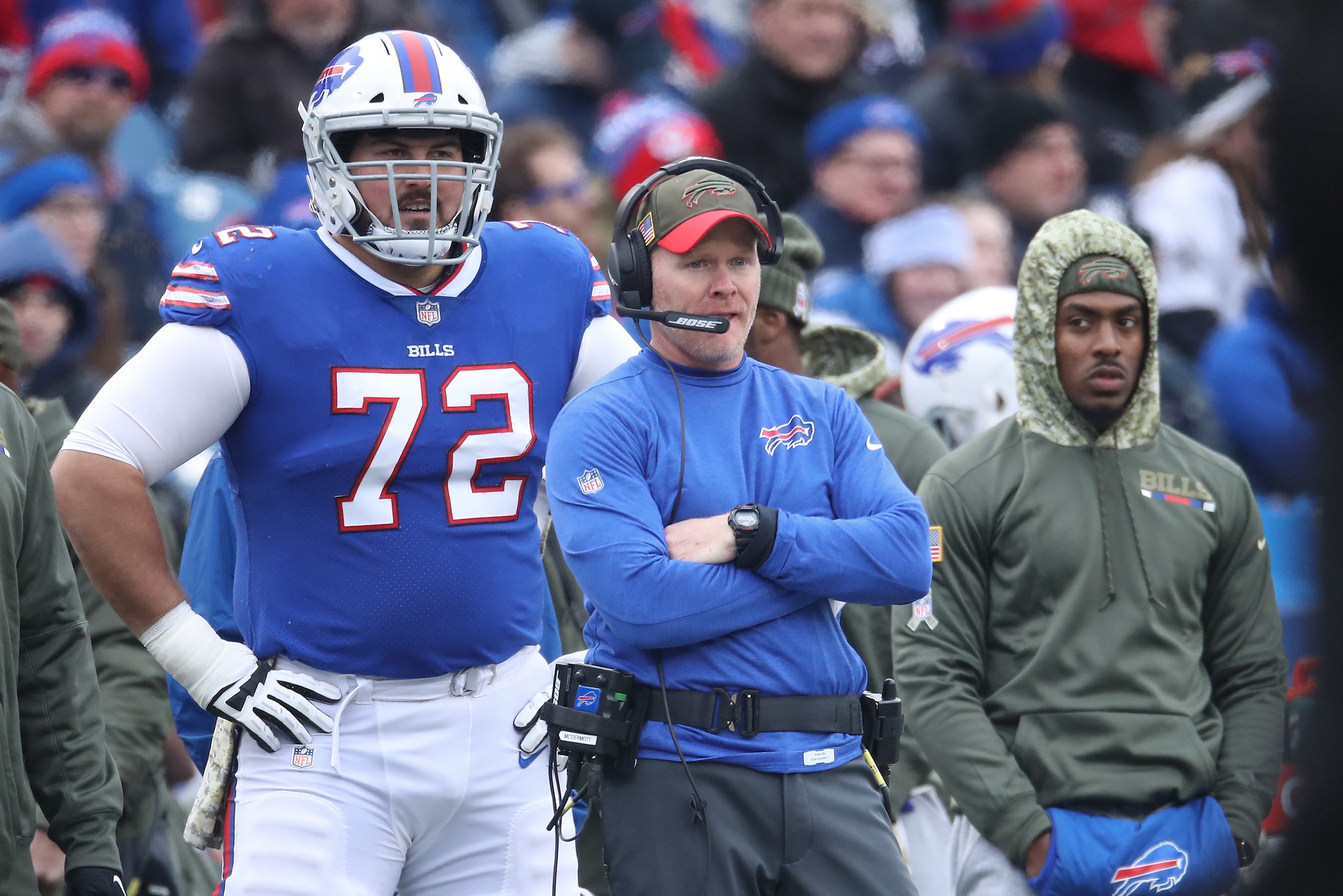 BUFFALO, NY - NOVEMBER 12: Head coach Sean McDermott of the Buffalo Bills looks on from the sideline as Ryan Groy #72 stands beside him during NFL game action against the New Orleans Saints at New Era Field on November 12, 2017 in Buffalo, New York. (Phot