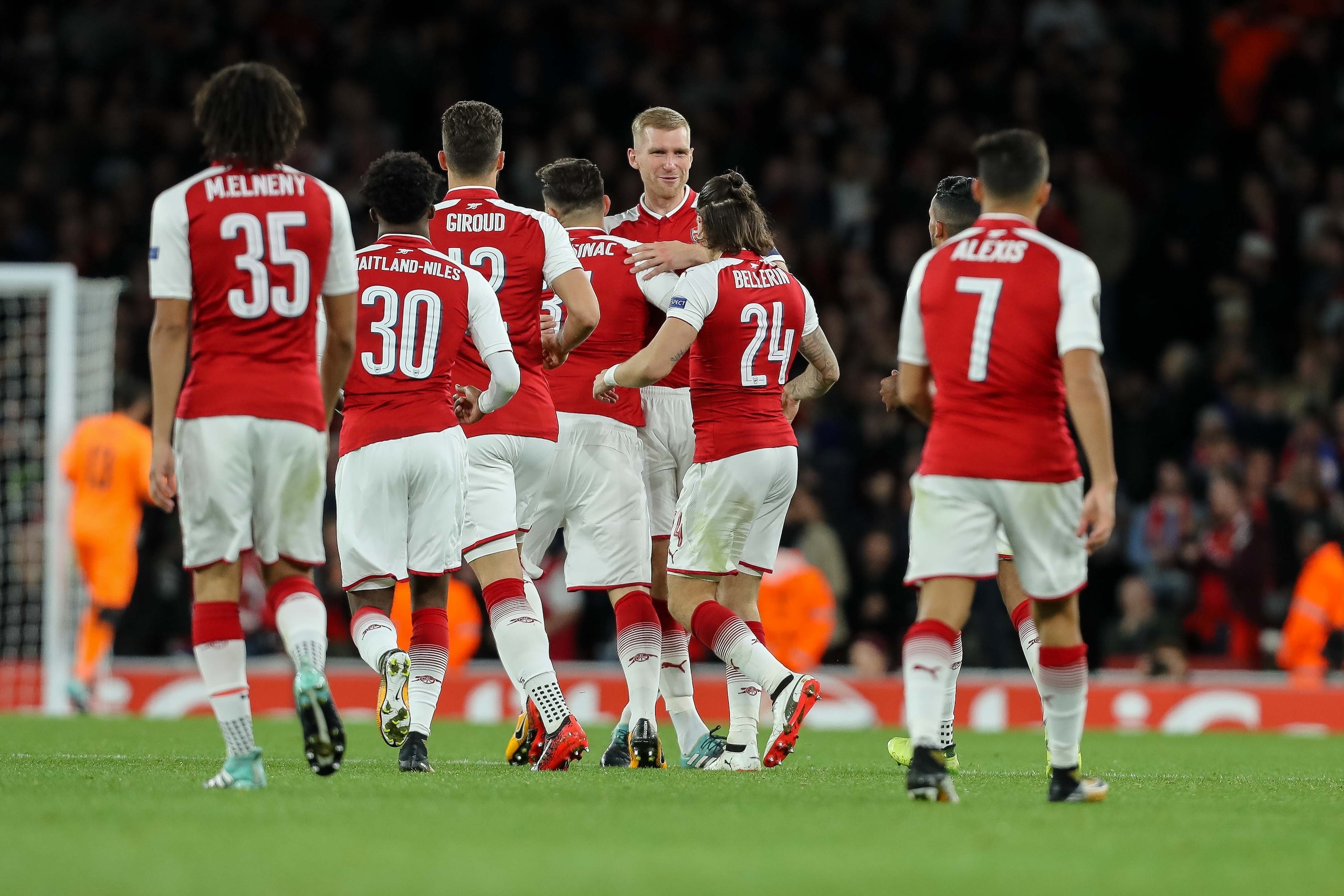 LONDON, ENGLAND - SEPTEMBER 14: Sead Kolaöinac of Arsenal celebrates after scoring his team`s first goal during the UEFA Europa League group H match between Arsenal FC and 1. FC Koeln at Emirates Stadium on September 14, 2017 in London, United Kingdom. (P