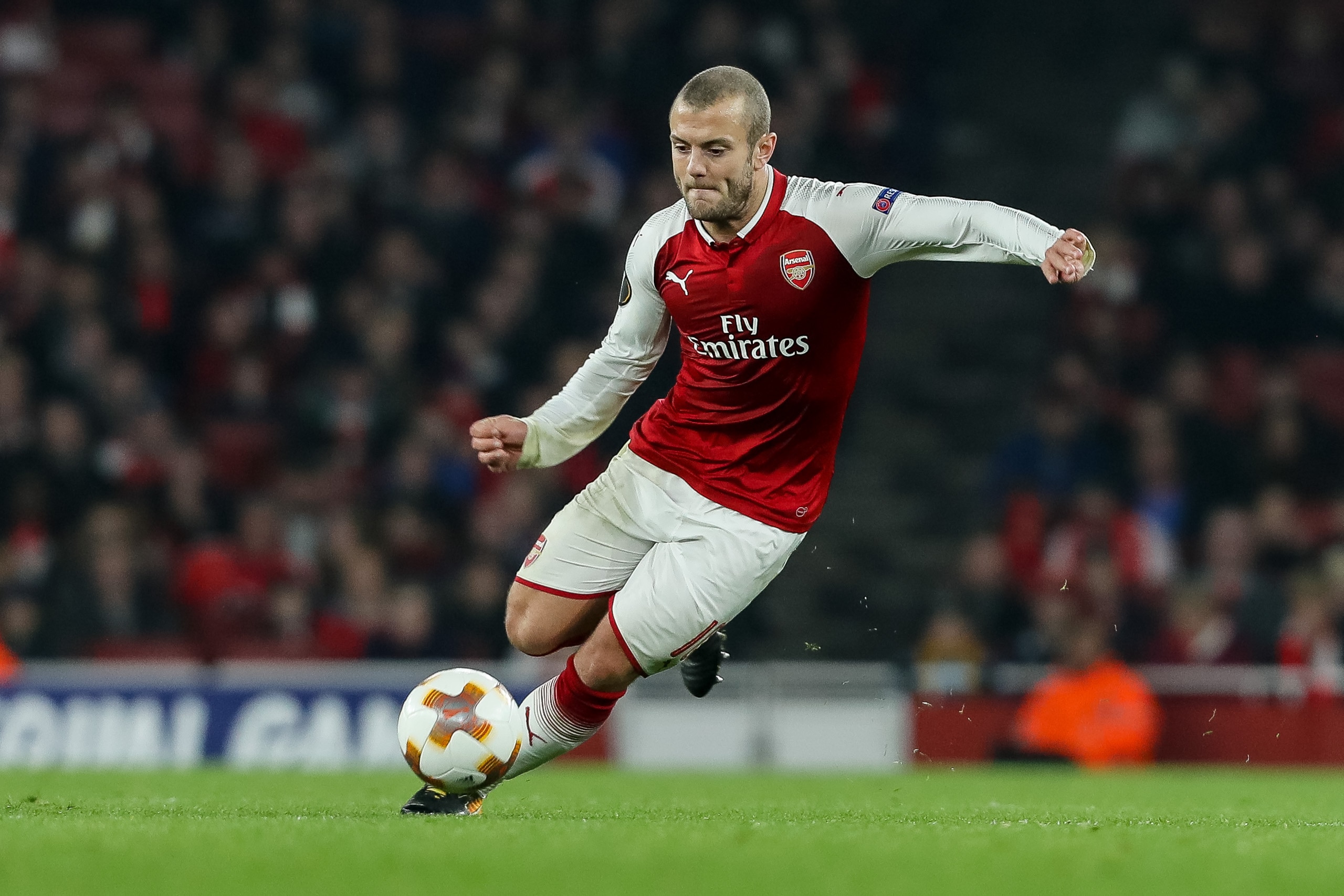 LONDON, ENGLAND - NOVEMBER 02: Jack Wilshere of Arsenal controls the ball during UEFA Europa League Group H match between Arsenal and Red Star Belgrade (Crvena Zvezda) at The Emirates , London 2 Nov 2017 (Photo by TF-Images/TF-Images via Getty Images)