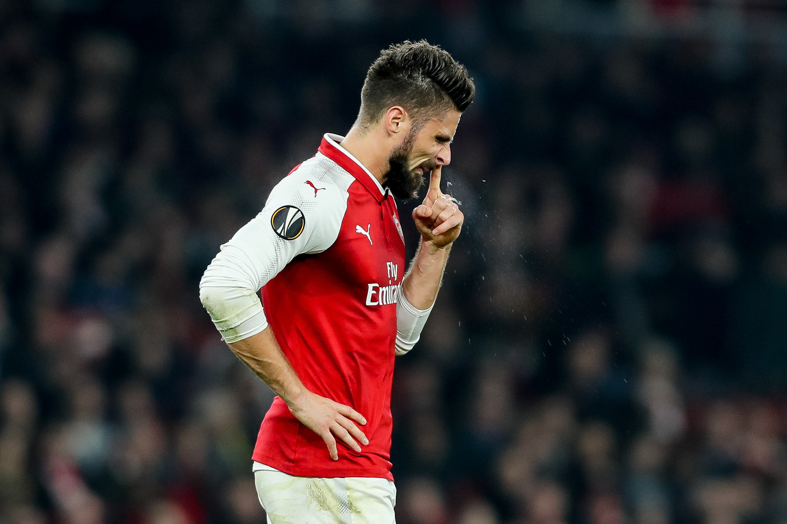 LONDON, ENGLAND - NOVEMBER 02: Olivier Giroud of Arsenal looks on during UEFA Europa League Group H match between Arsenal and Red Star Belgrade (Crvena Zvezda) at The Emirates , London 2 Nov 2017 (Photo by TF-Images/TF-Images via Getty Images)