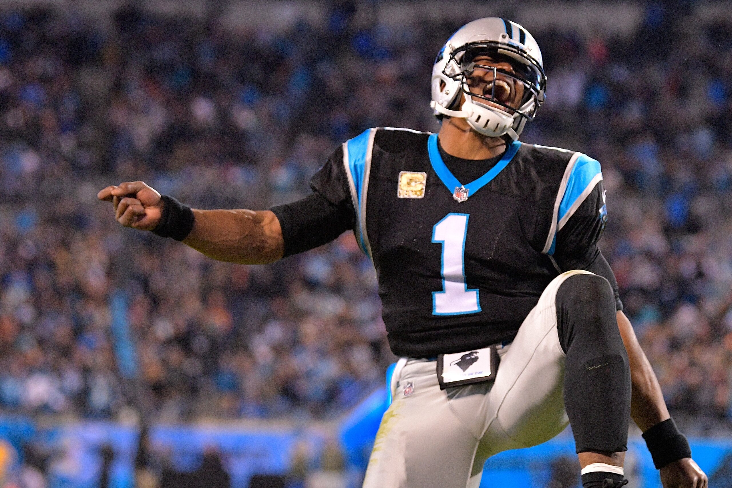 CHARLOTTE, NC - NOVEMBER 13:  Cam Newton #1 of the Carolina Panthers against the Miami Dolphins during their game at Bank of America Stadium on November 13, 2017 in Charlotte, North Carolina.  (Photo by Grant Halverson/Getty Images)